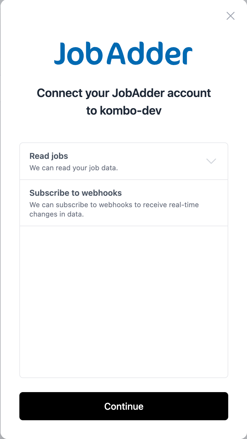 JobAdder connection pop-up