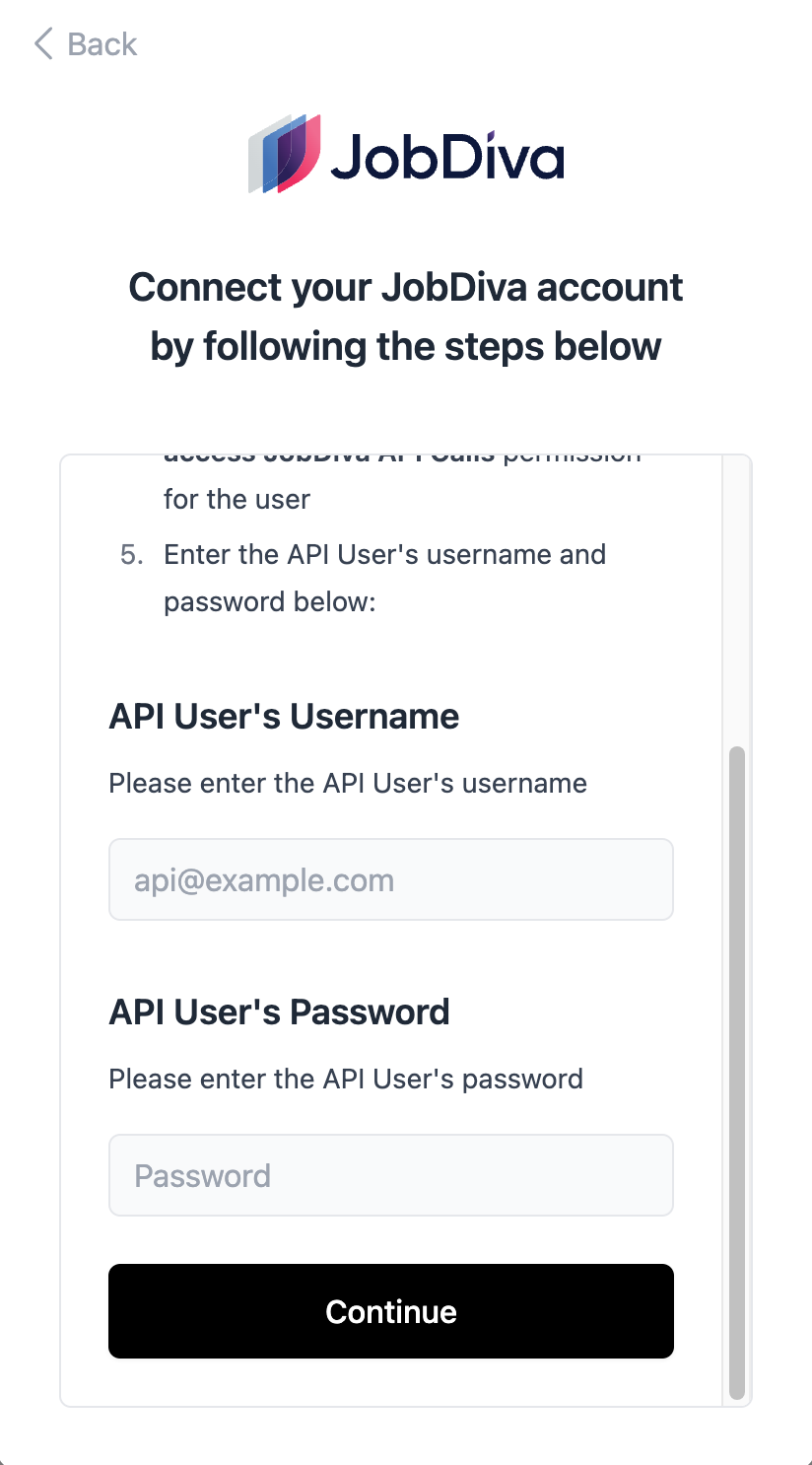 Entering the API user's username and password in the connection flow