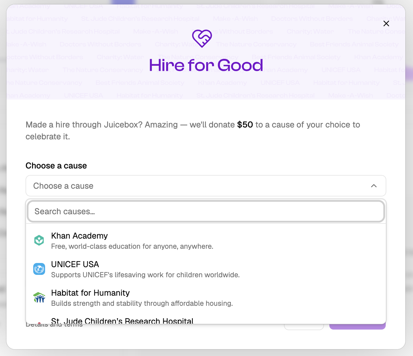 Hire for Good submission dialog