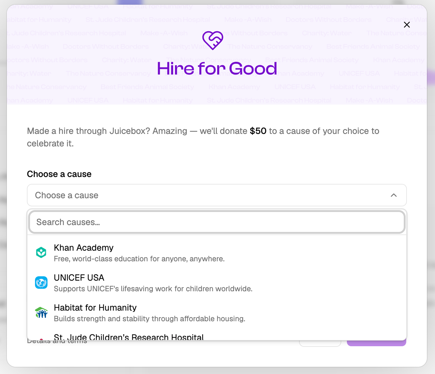 Hire for Good submission dialog