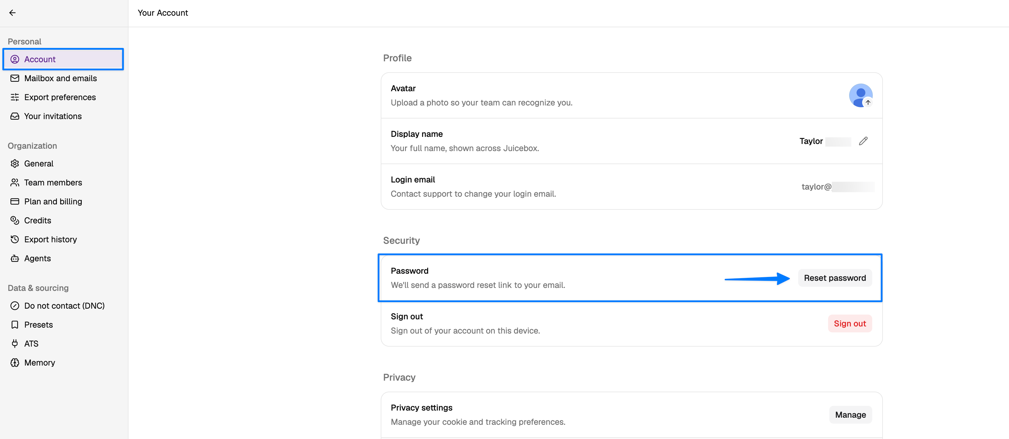 Reset Password in Account Settings