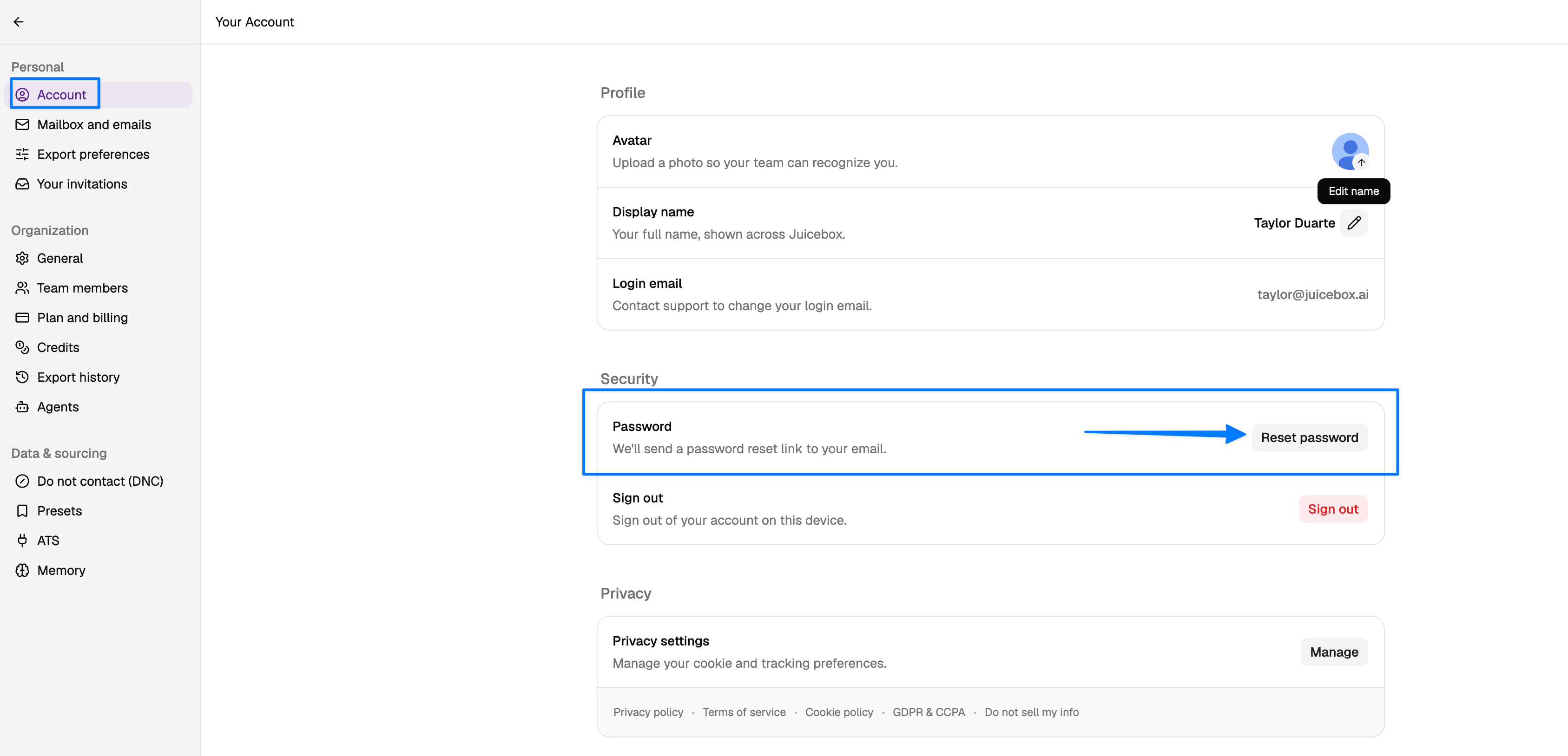 Reset password from Account Settings