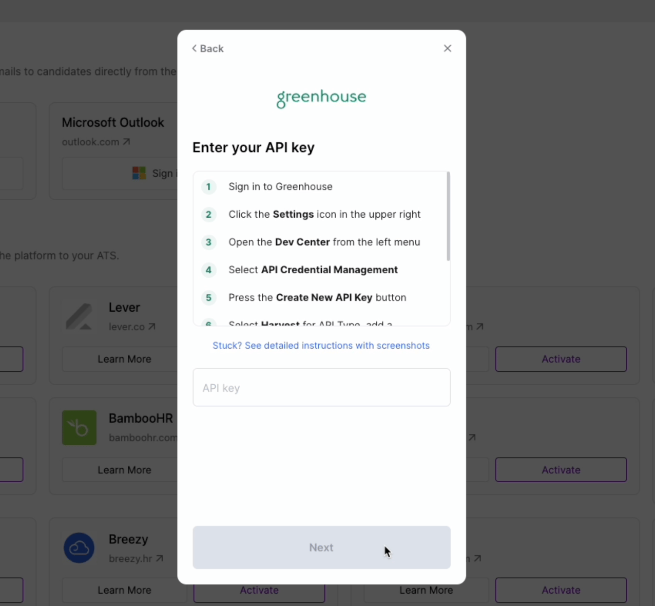 Enter your Harvest API key