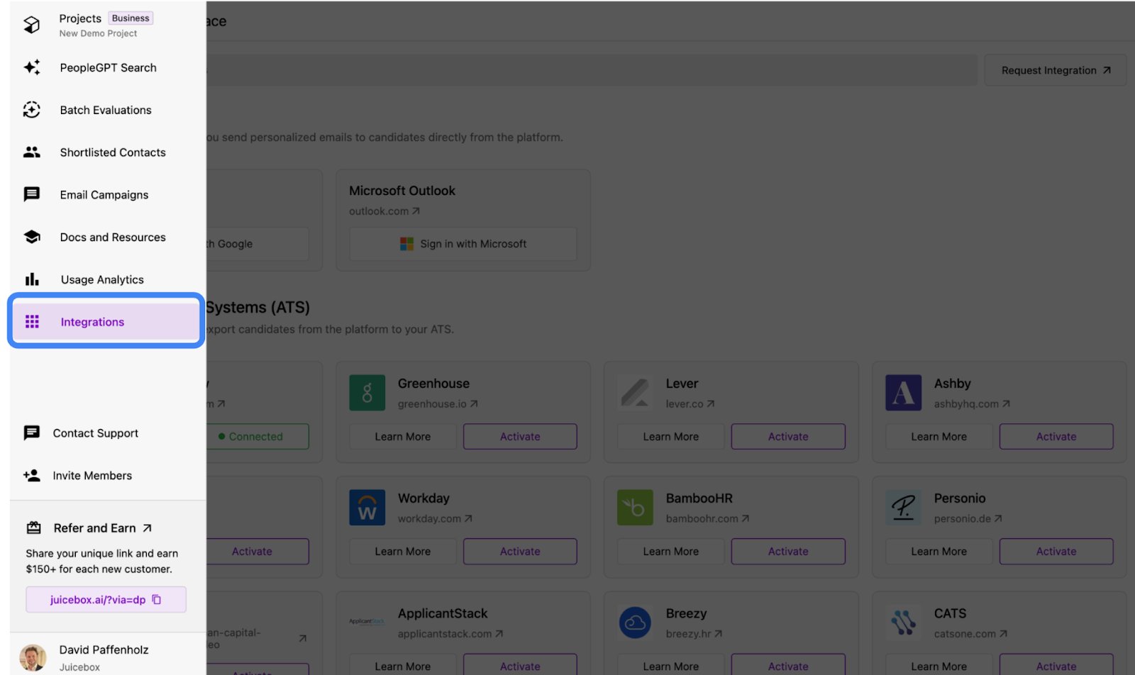 Integrations tab