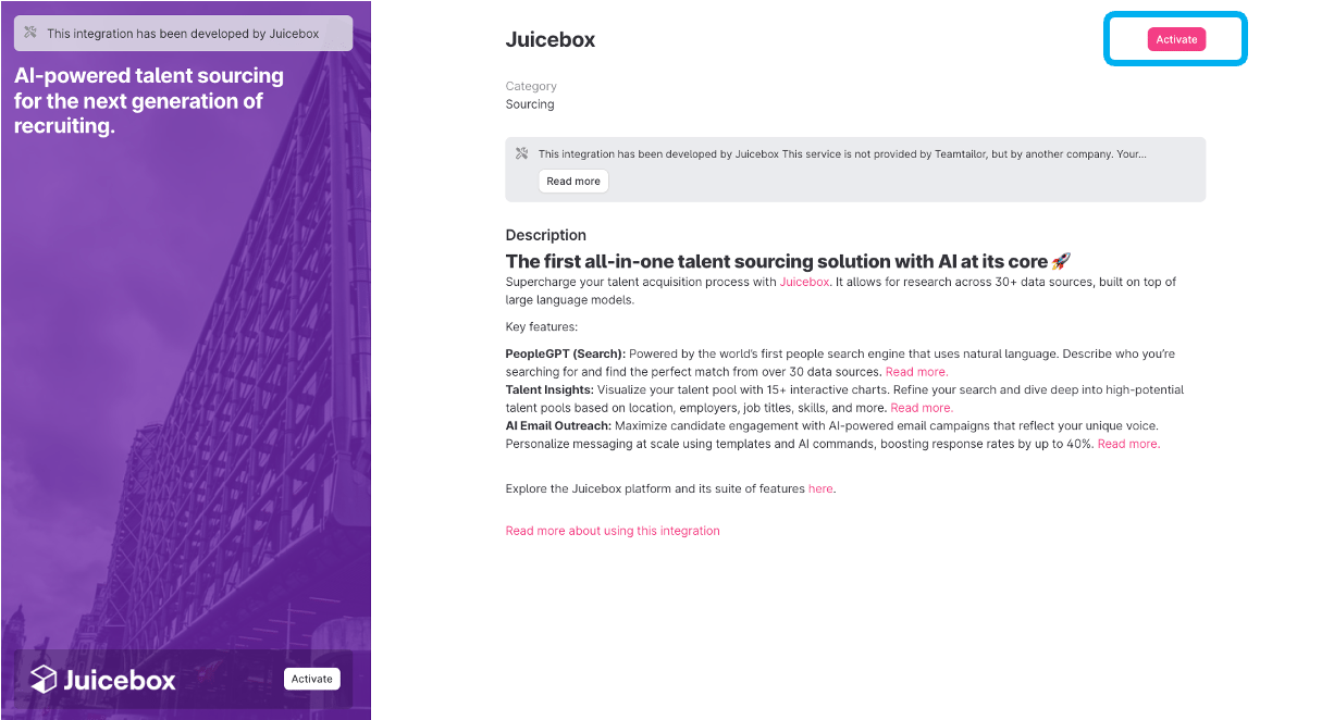 Activate Juicebox in the Teamtailor Marketplace