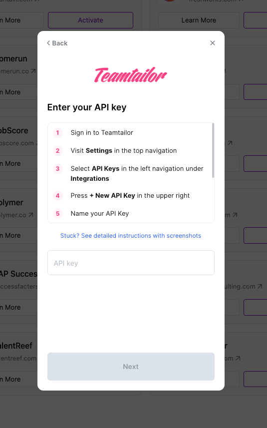 Enter your Teamtailor API key