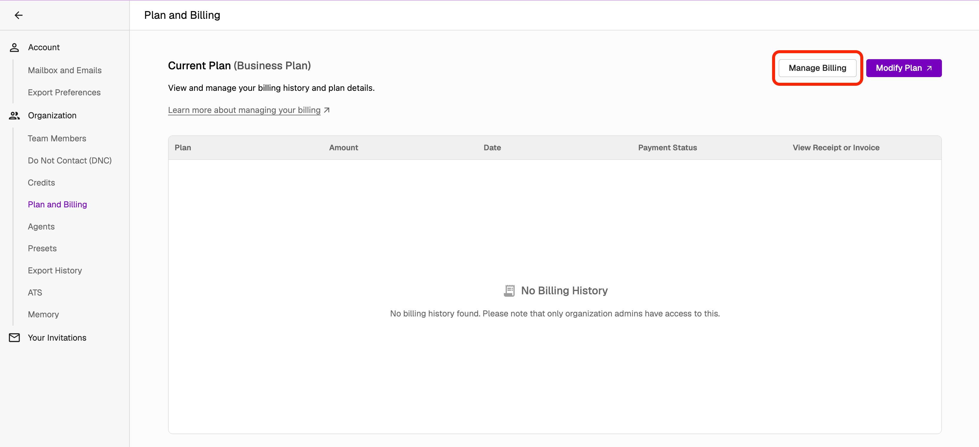 Plan and Billing settings