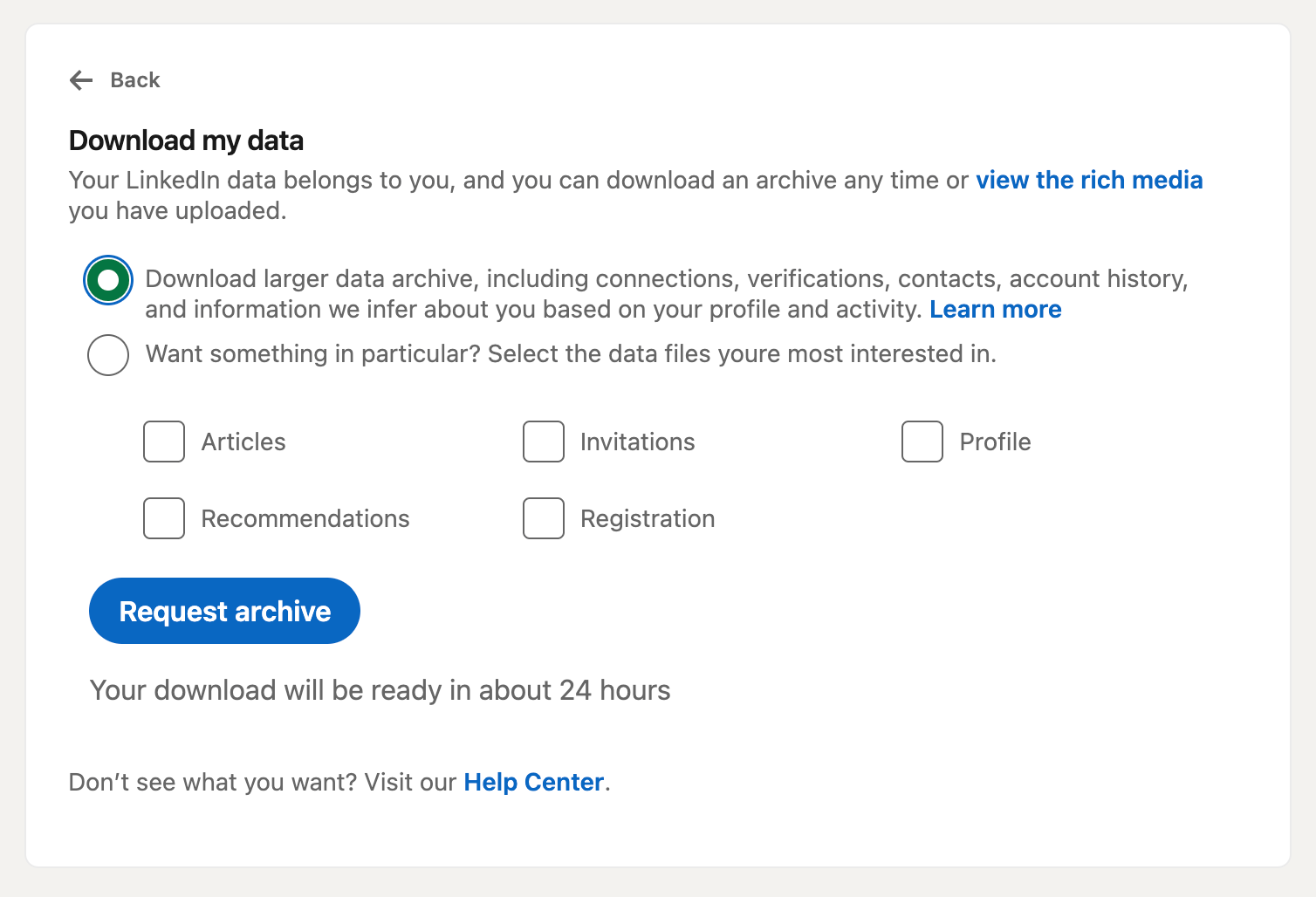 LinkedIn data export interface