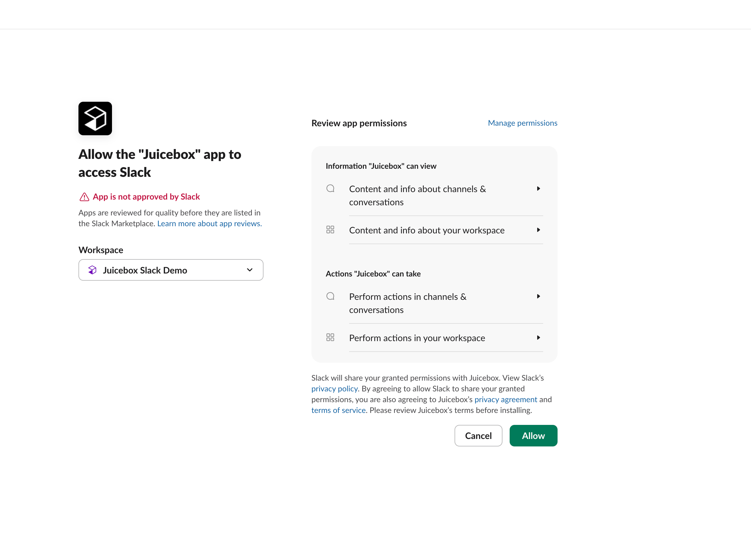 Slack native permission page for the Juicebox app