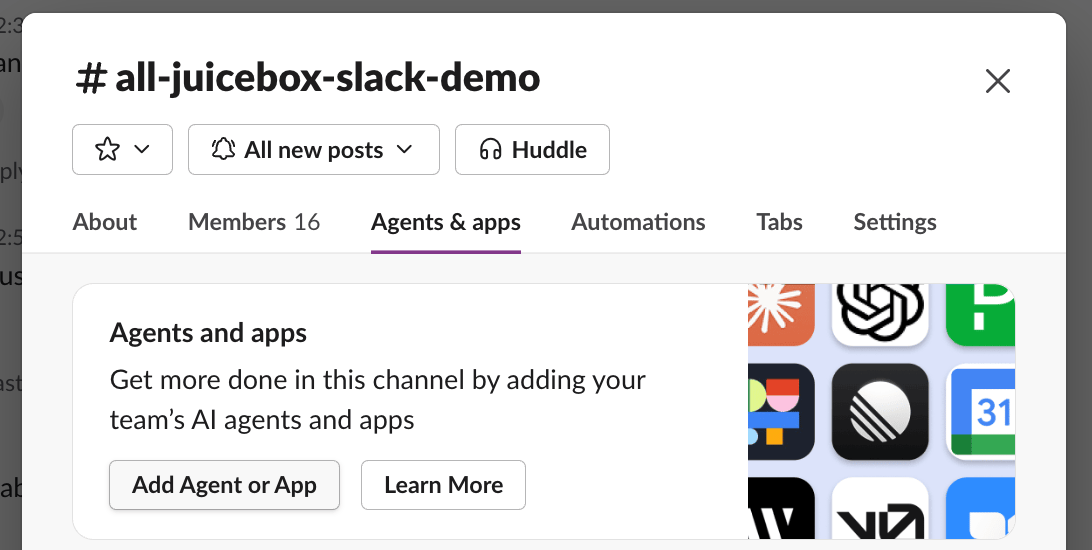 Agents and apps tab in a Slack channel