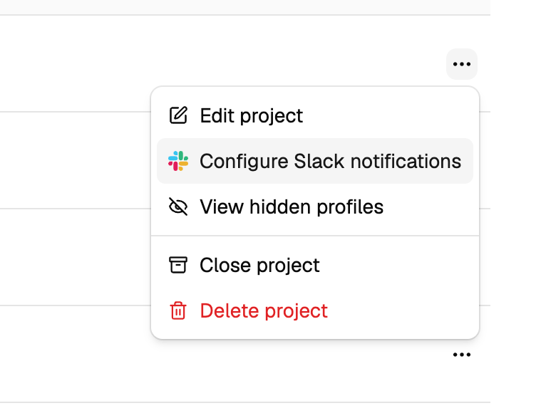 Configure Slack notifications from the project menu