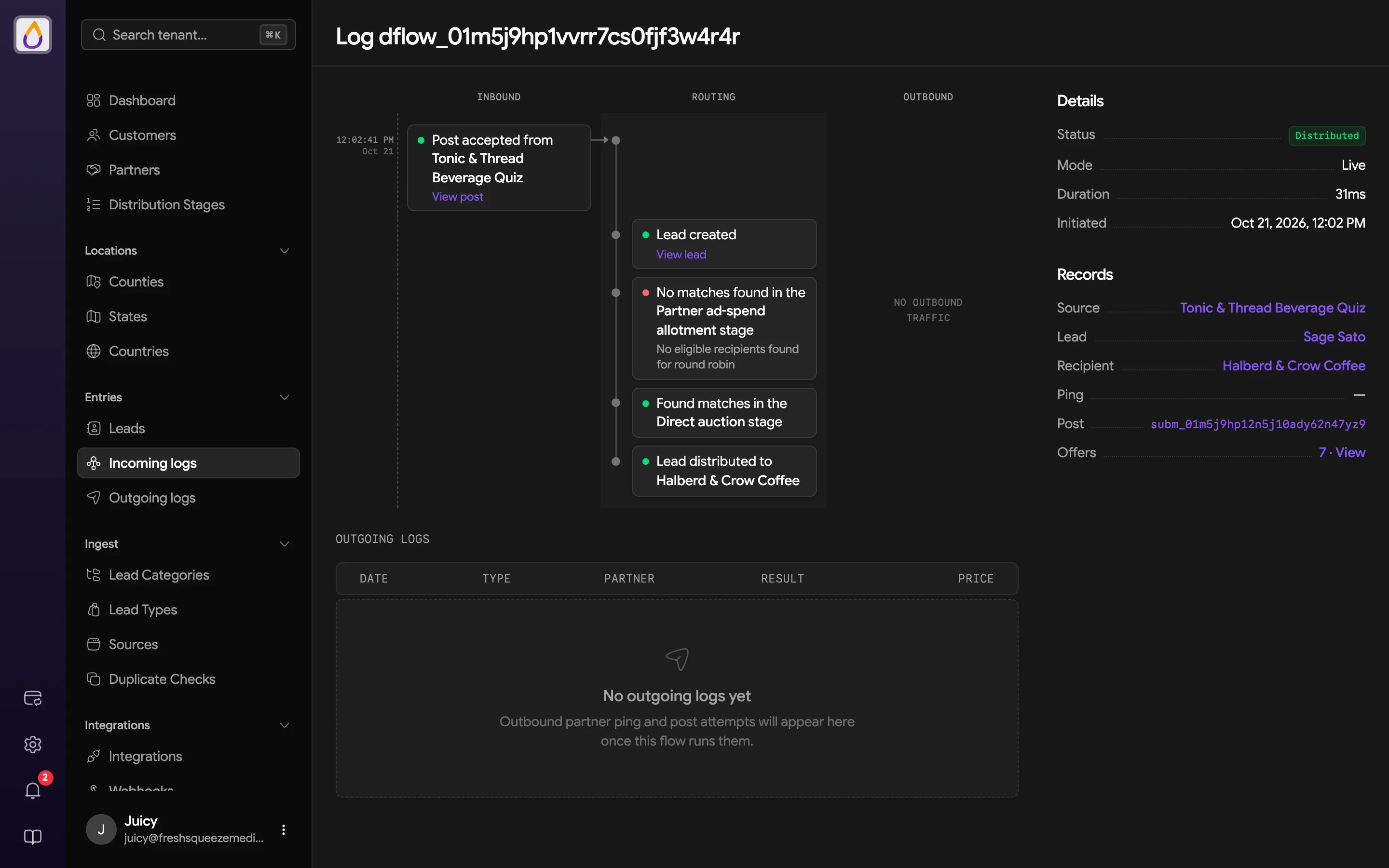 Incoming log with an Inbound, Routing, and Outbound timeline, Details and Records in the sidebar, and an empty Outgoing logs table
