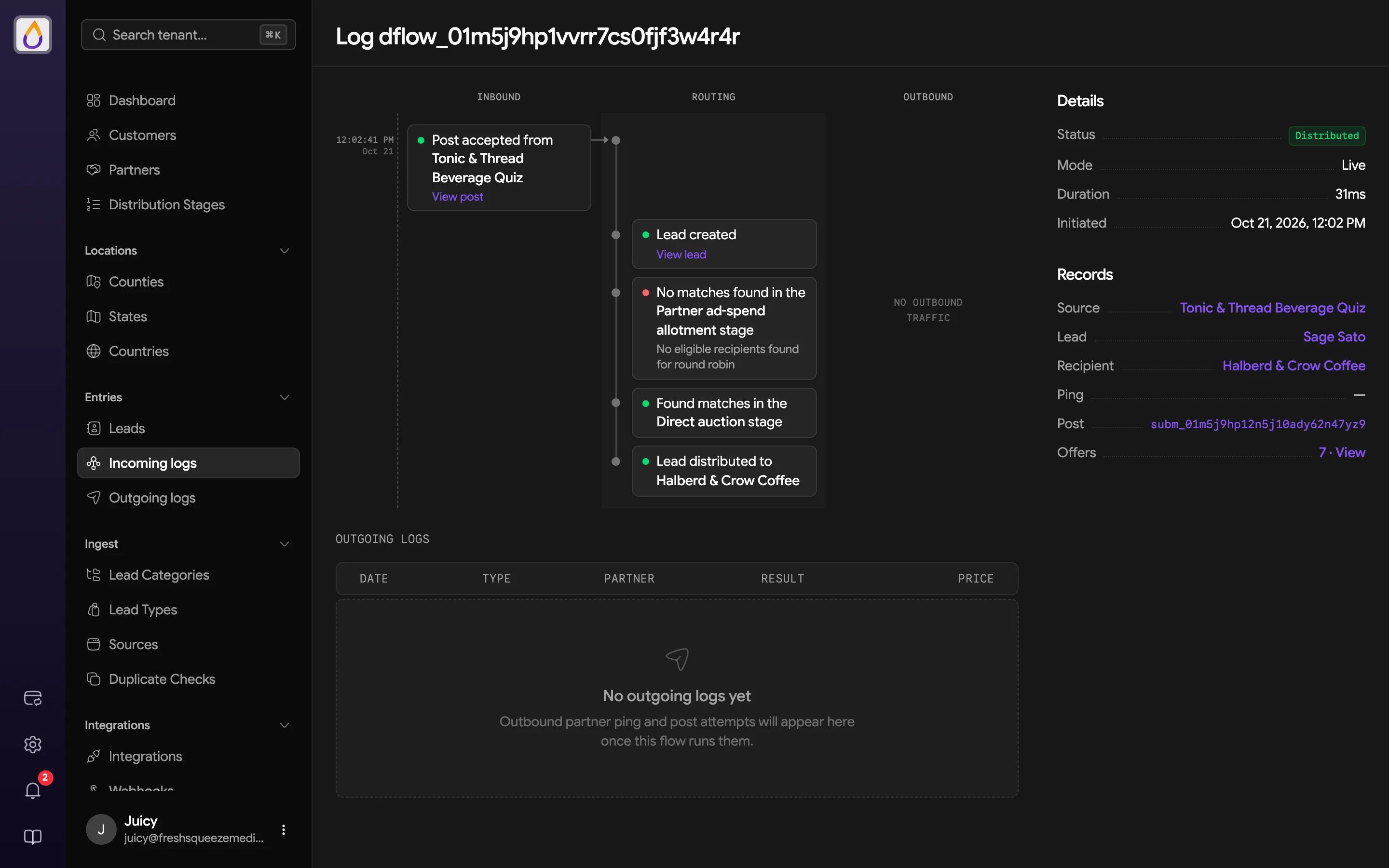 Incoming log with an Inbound, Routing, and Outbound timeline, Details and Records in the sidebar, and an empty Outgoing logs table