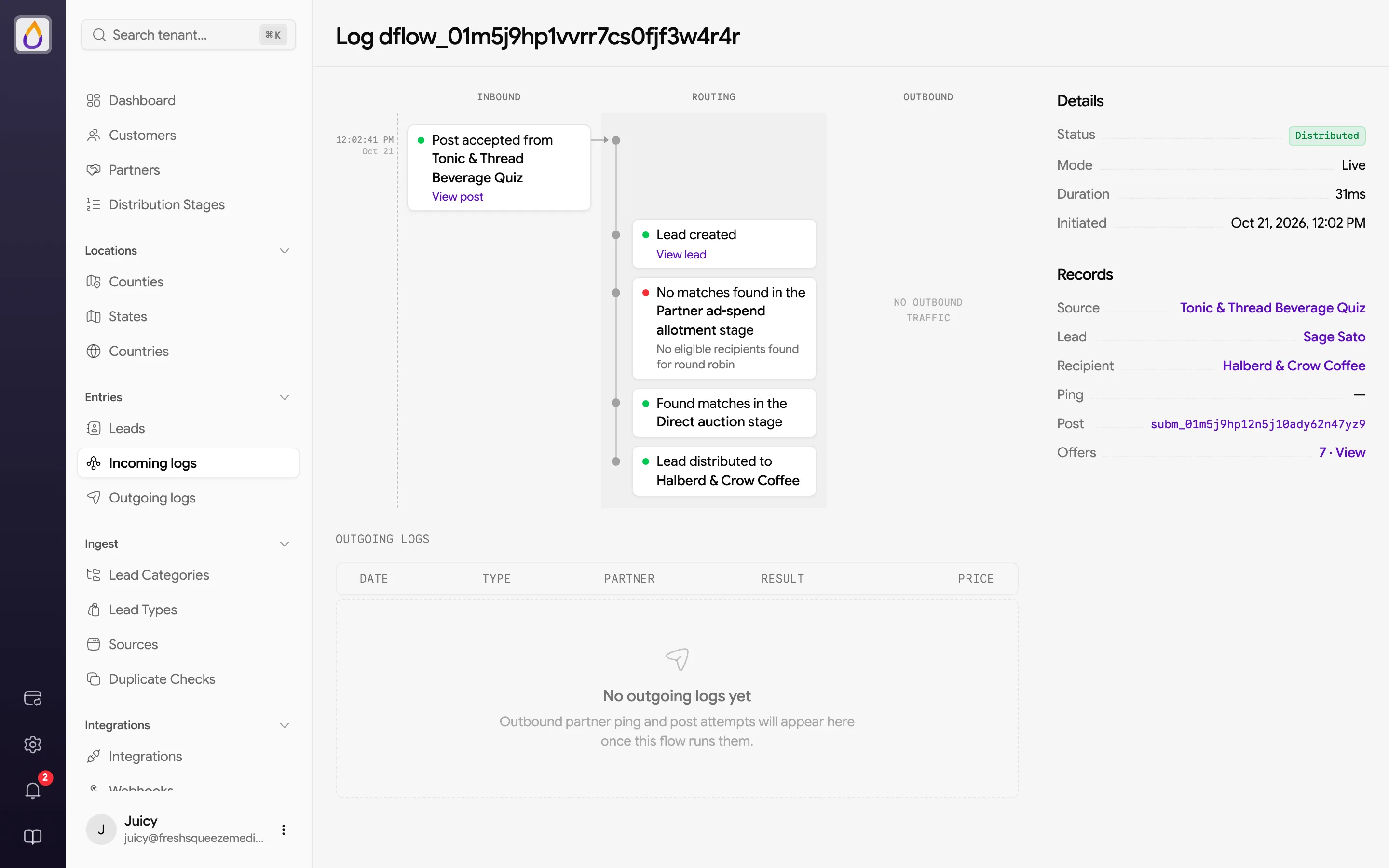 Incoming log with an Inbound, Routing, and Outbound timeline, Details and Records in the sidebar, and an empty Outgoing logs table