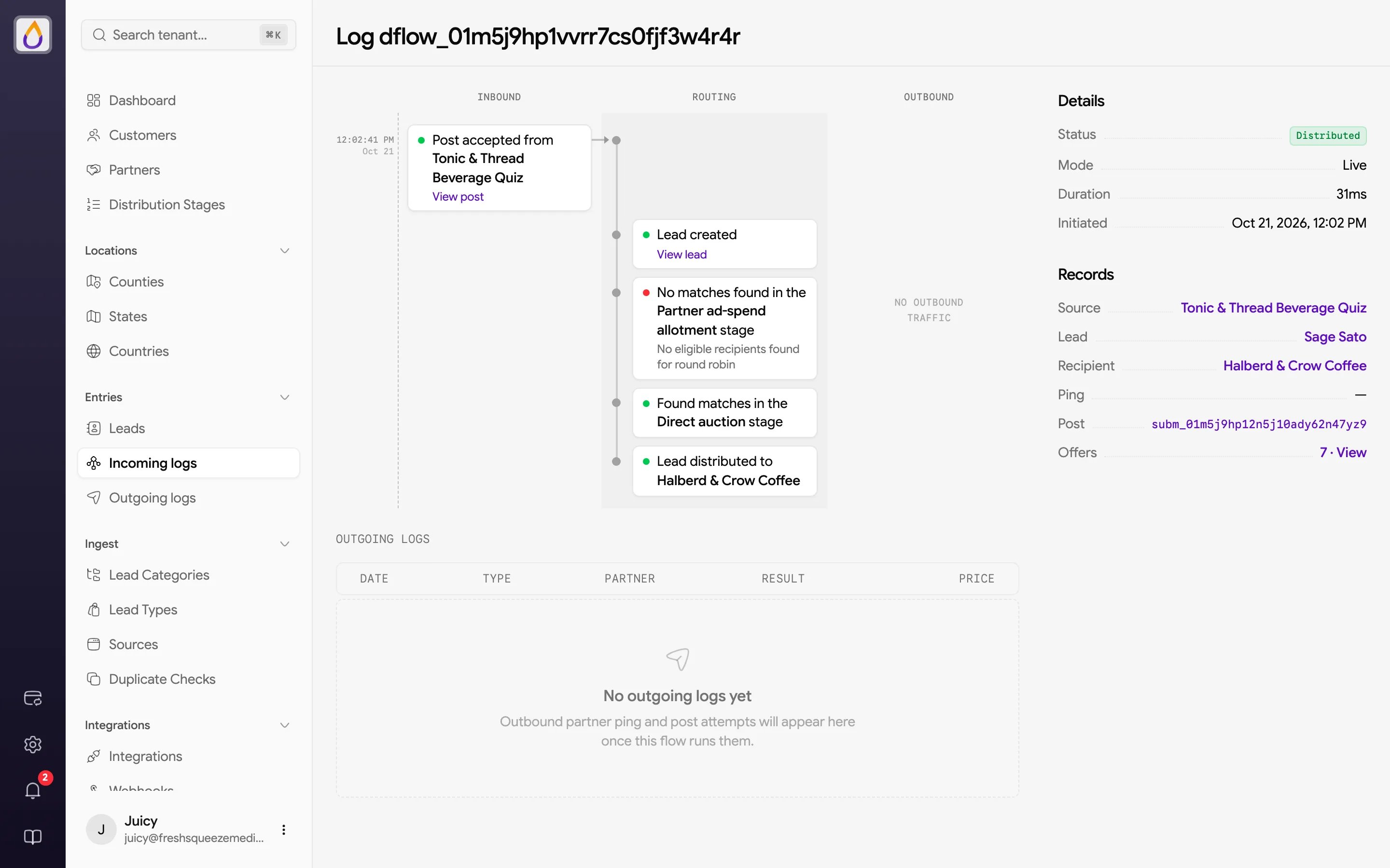 Incoming log with an Inbound, Routing, and Outbound timeline, Details and Records in the sidebar, and an empty Outgoing logs table