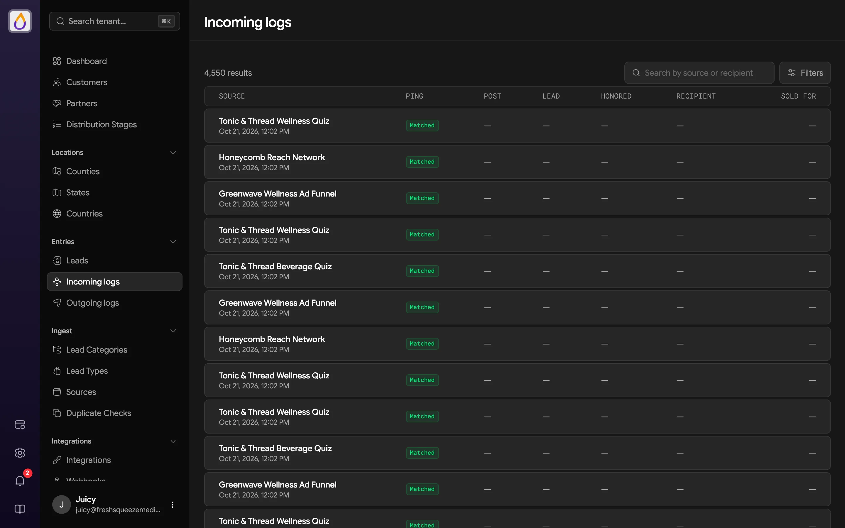 Incoming logs list with Source, Ping, Post, Lead, Honored, Recipient, and Sold For columns, a search box, and a Filters button