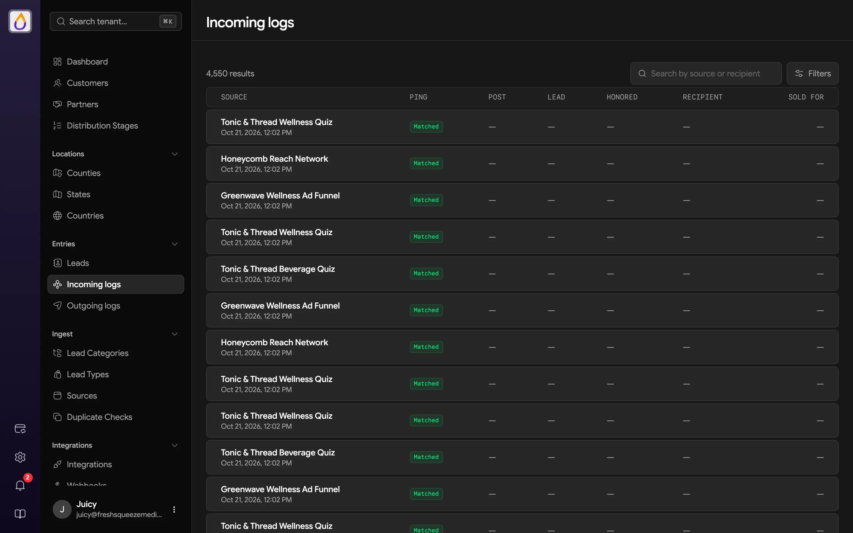 Incoming logs list with Source, Ping, Post, Lead, Honored, Recipient, and Sold For columns, a search box, and a Filters button