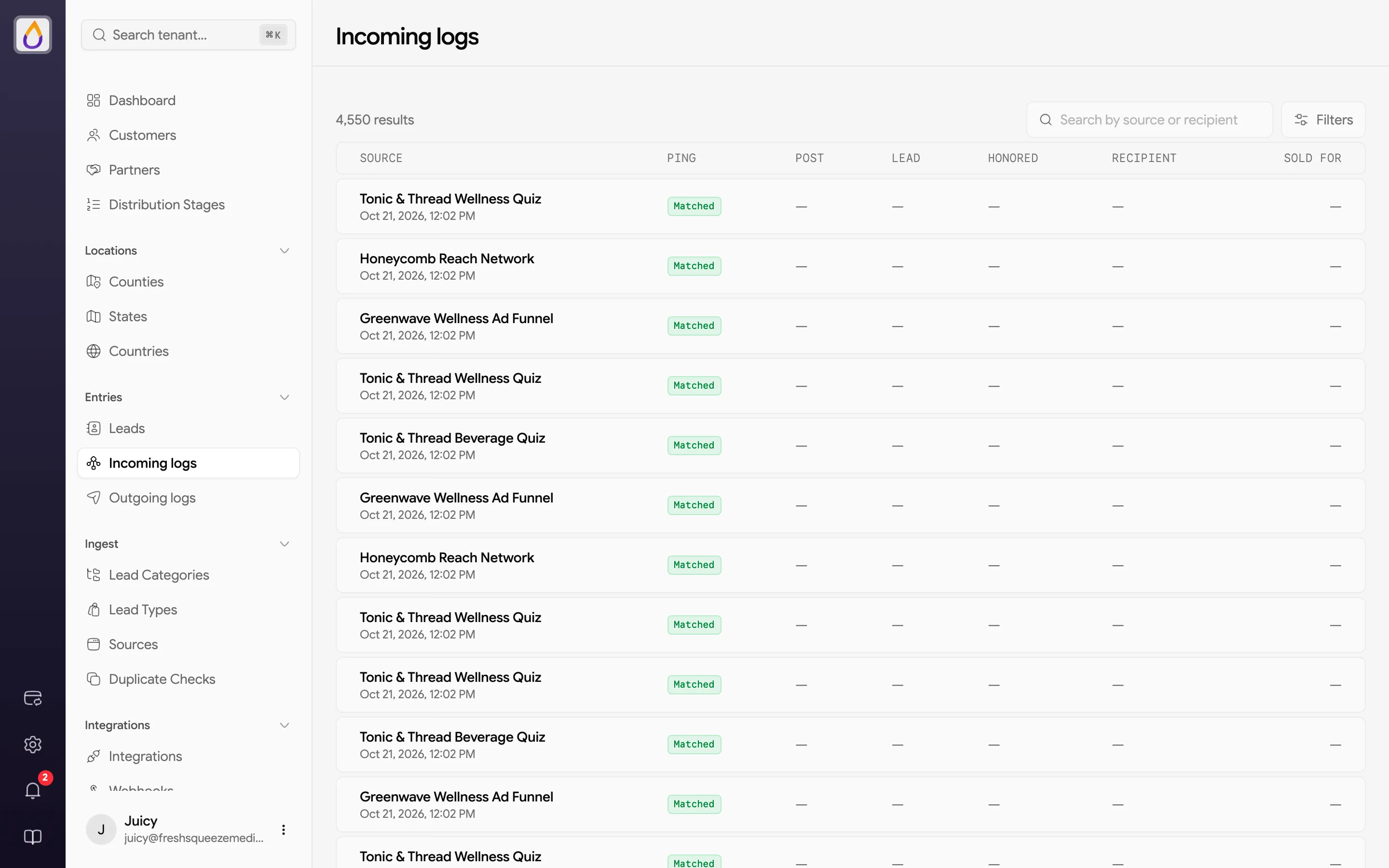 Incoming logs list with Source, Ping, Post, Lead, Honored, Recipient, and Sold For columns, a search box, and a Filters button