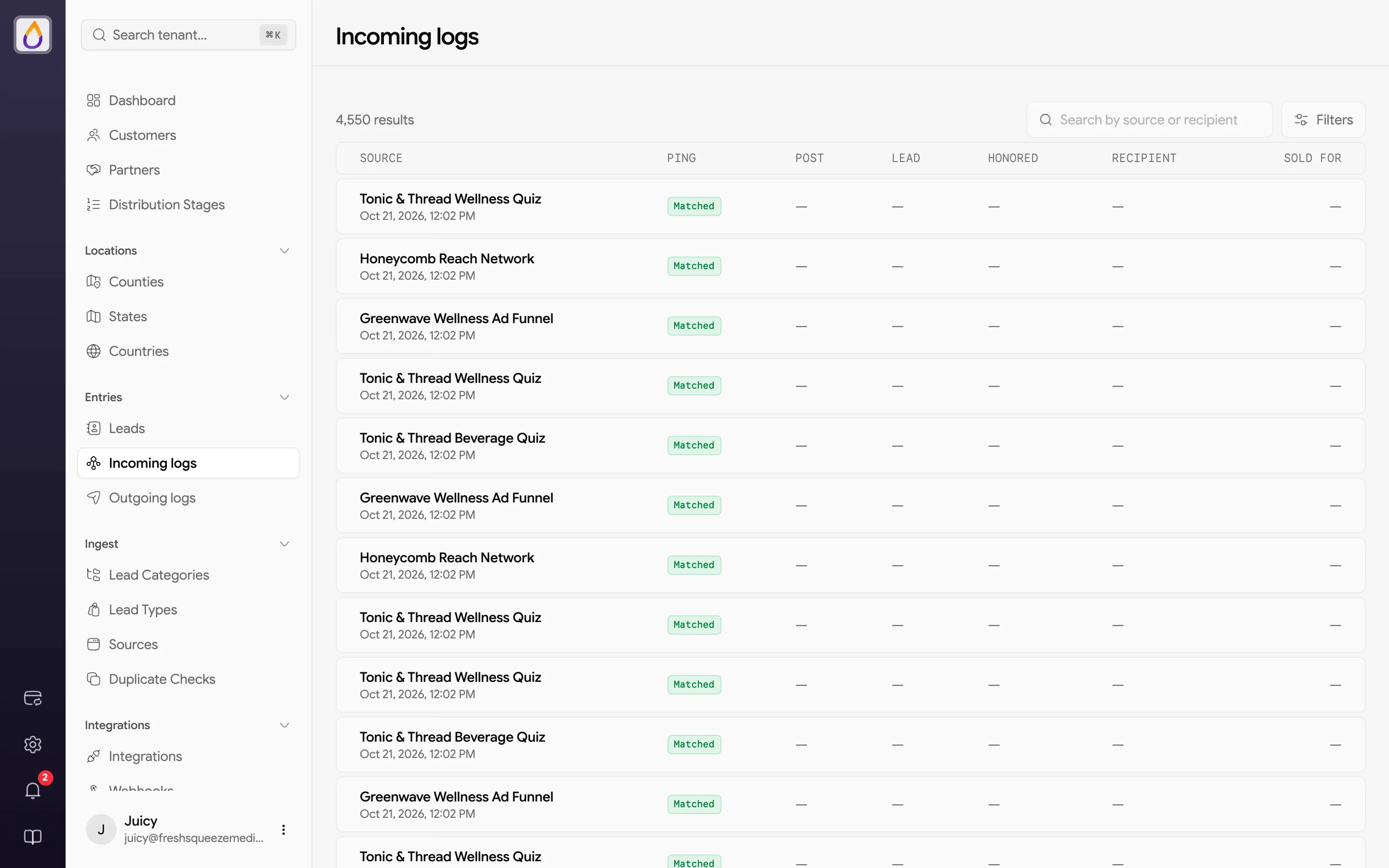 Incoming logs list with Source, Ping, Post, Lead, Honored, Recipient, and Sold For columns, a search box, and a Filters button