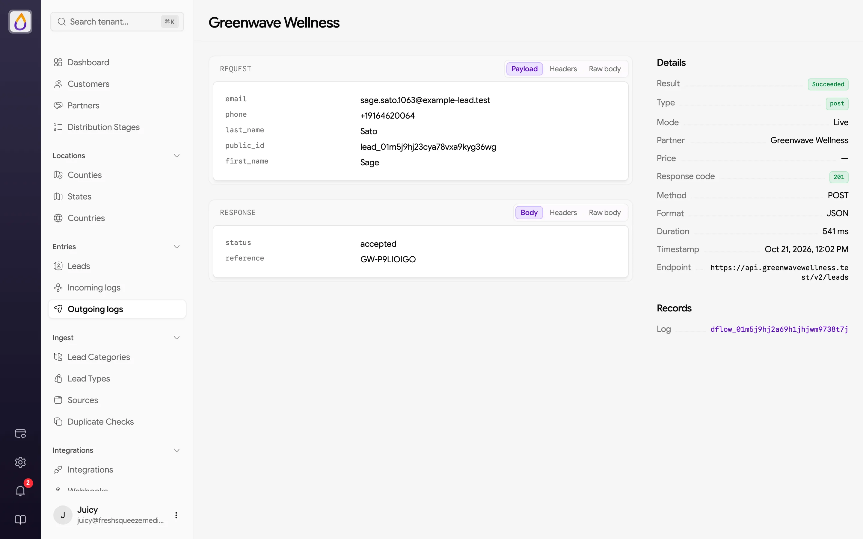 Successful outgoing post with the request payload, the partner's response, and Details in the sidebar