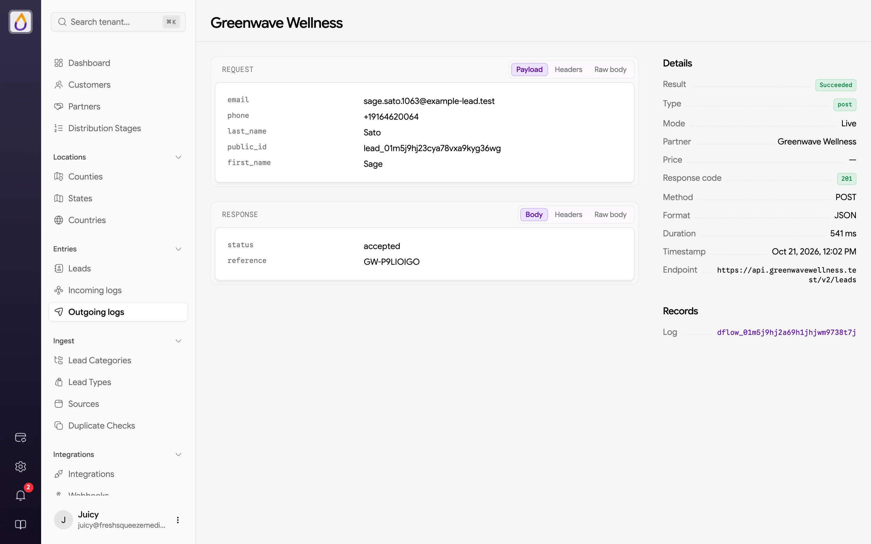 Successful outgoing post with the request payload, the partner's response, and Details in the sidebar
