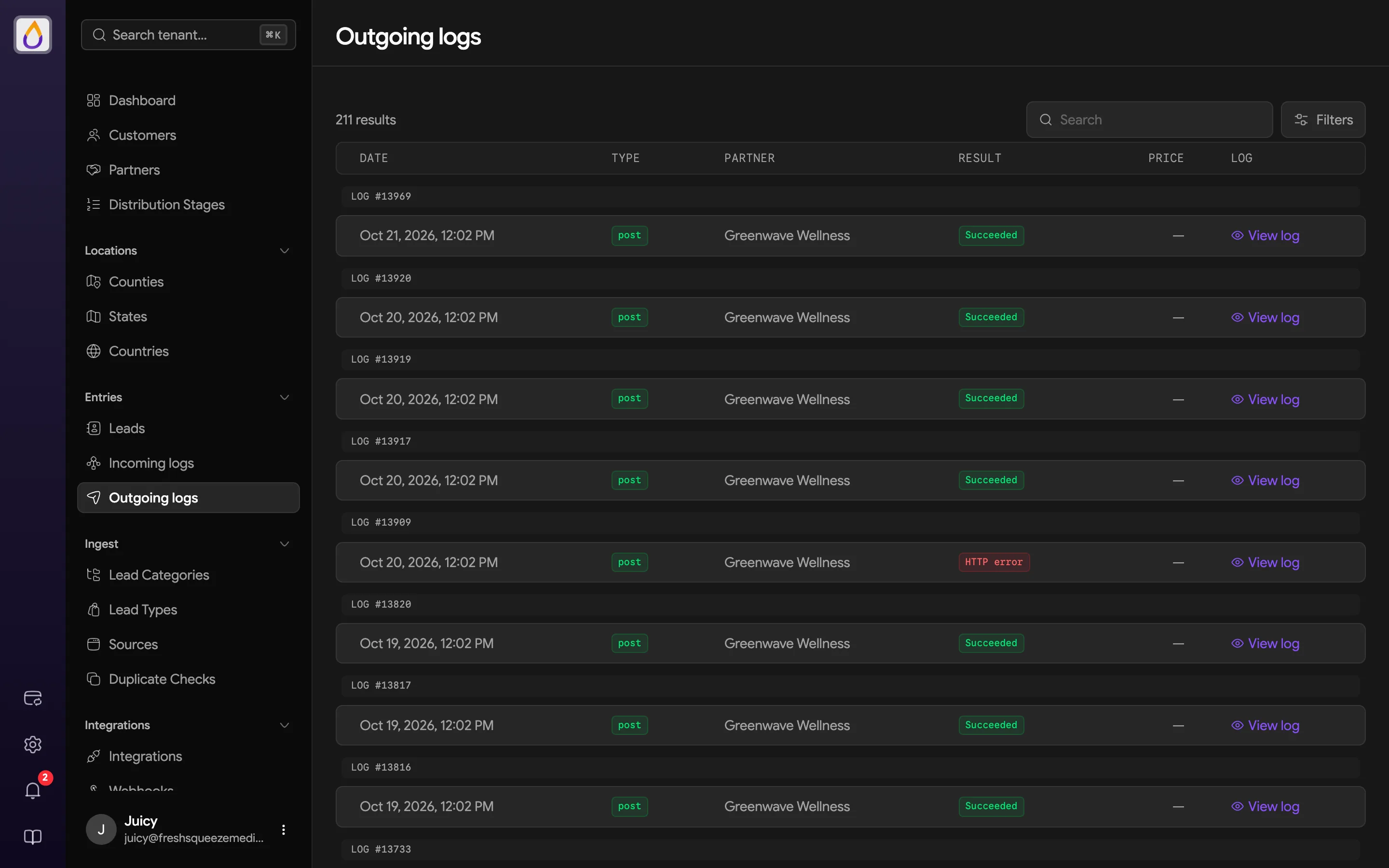 Outgoing logs list grouped by log number, with date, type, partner, result, price, and a View log link on each row