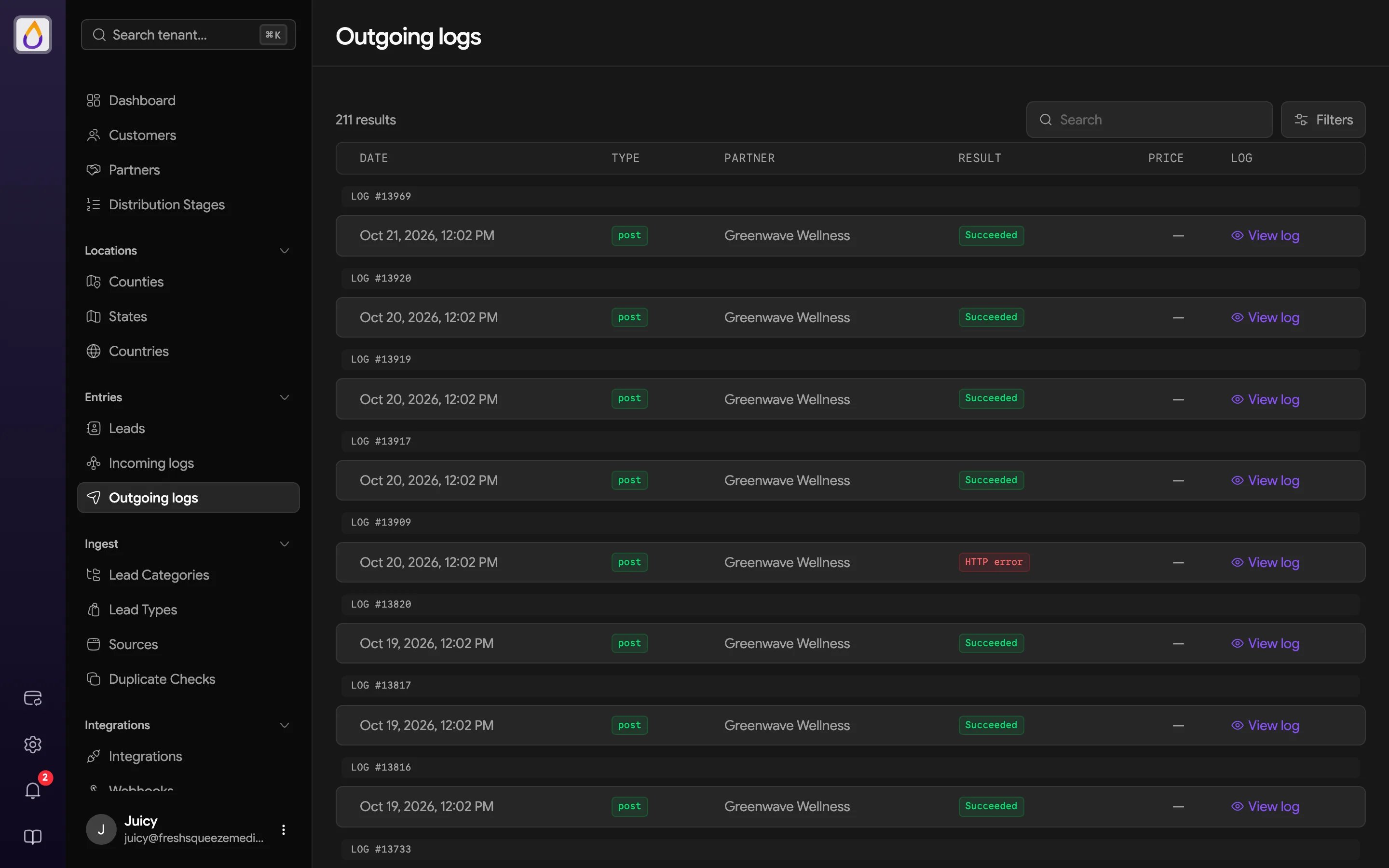 Outgoing logs list grouped by log number, with date, type, partner, result, price, and a View log link on each row