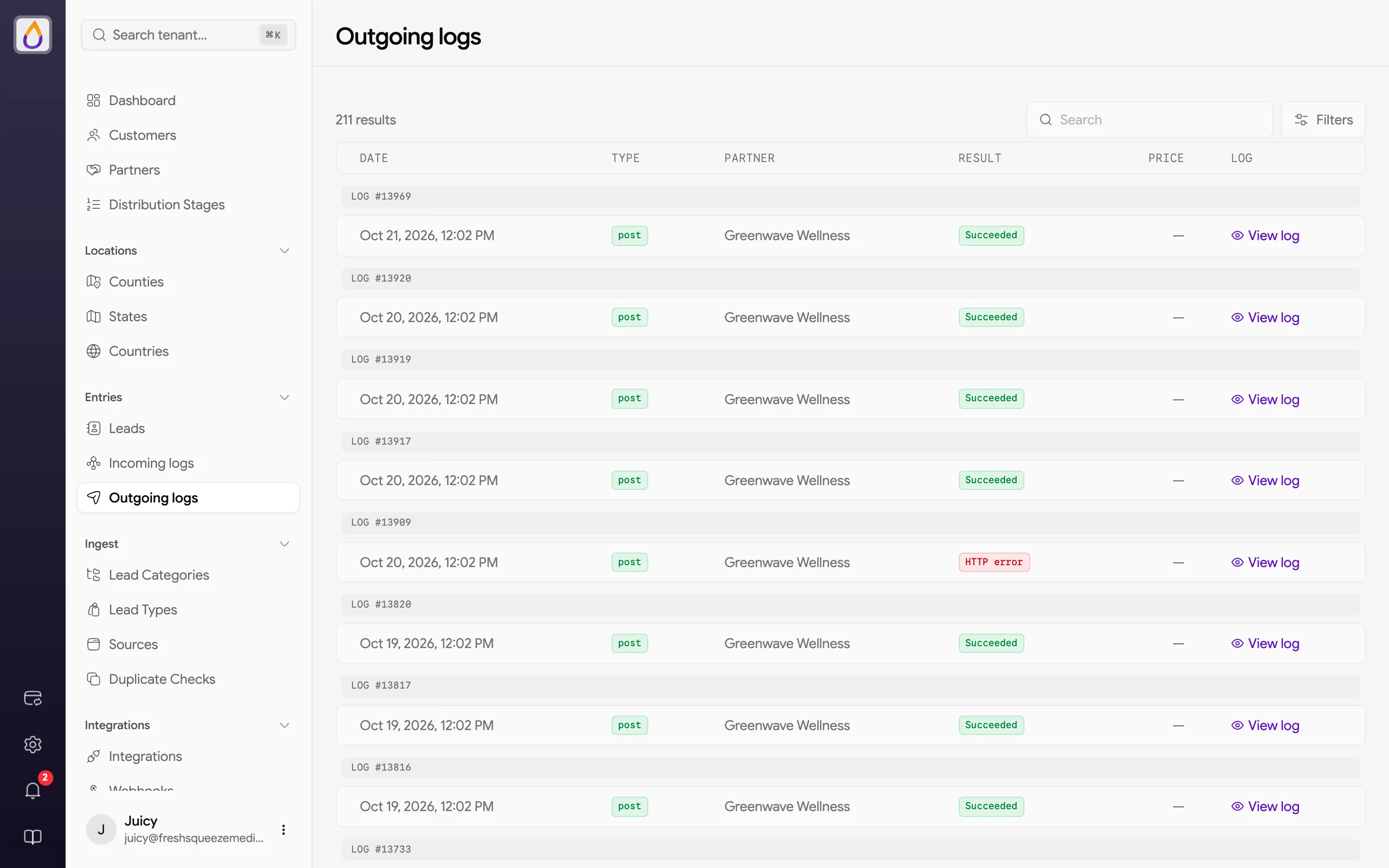 Outgoing logs list grouped by log number, with date, type, partner, result, price, and a View log link on each row