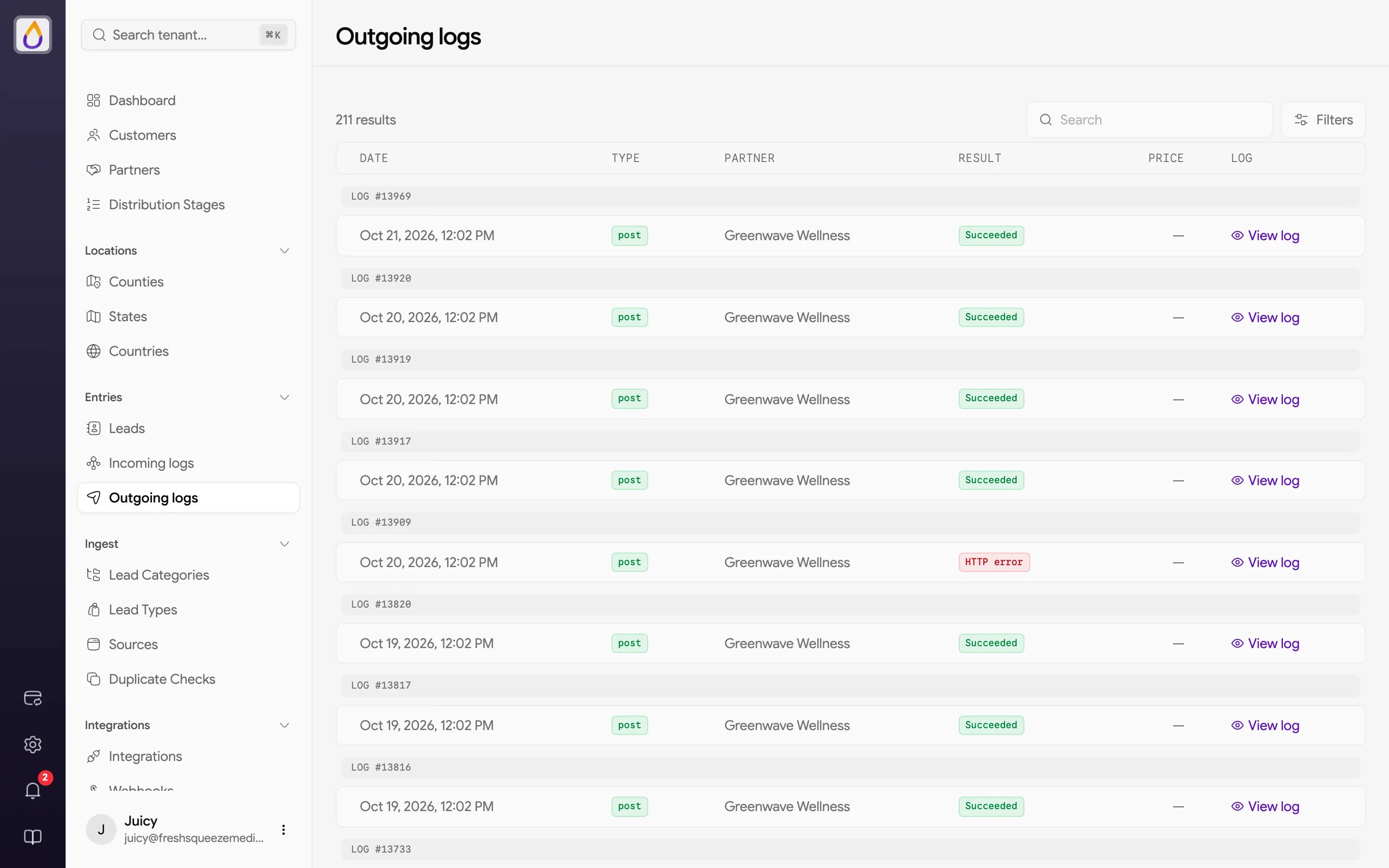 Outgoing logs list grouped by log number, with date, type, partner, result, price, and a View log link on each row