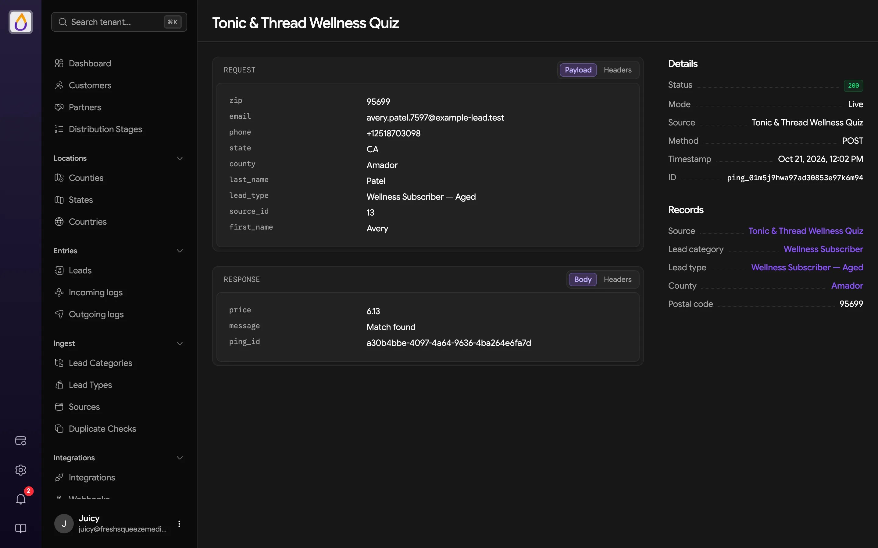 Ping inspector with the request payload, a response body containing a price and Match found message, and Details and Records in the sidebar
