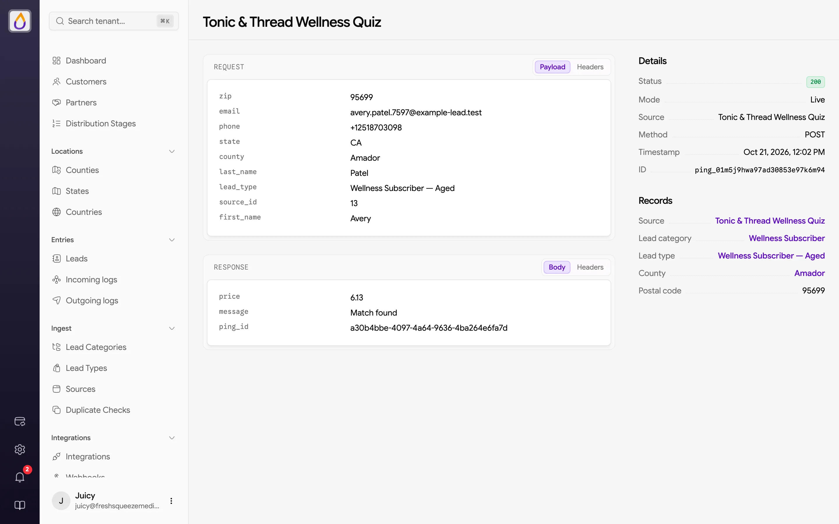Ping inspector with the request payload, a response body containing a price and Match found message, and Details and Records in the sidebar