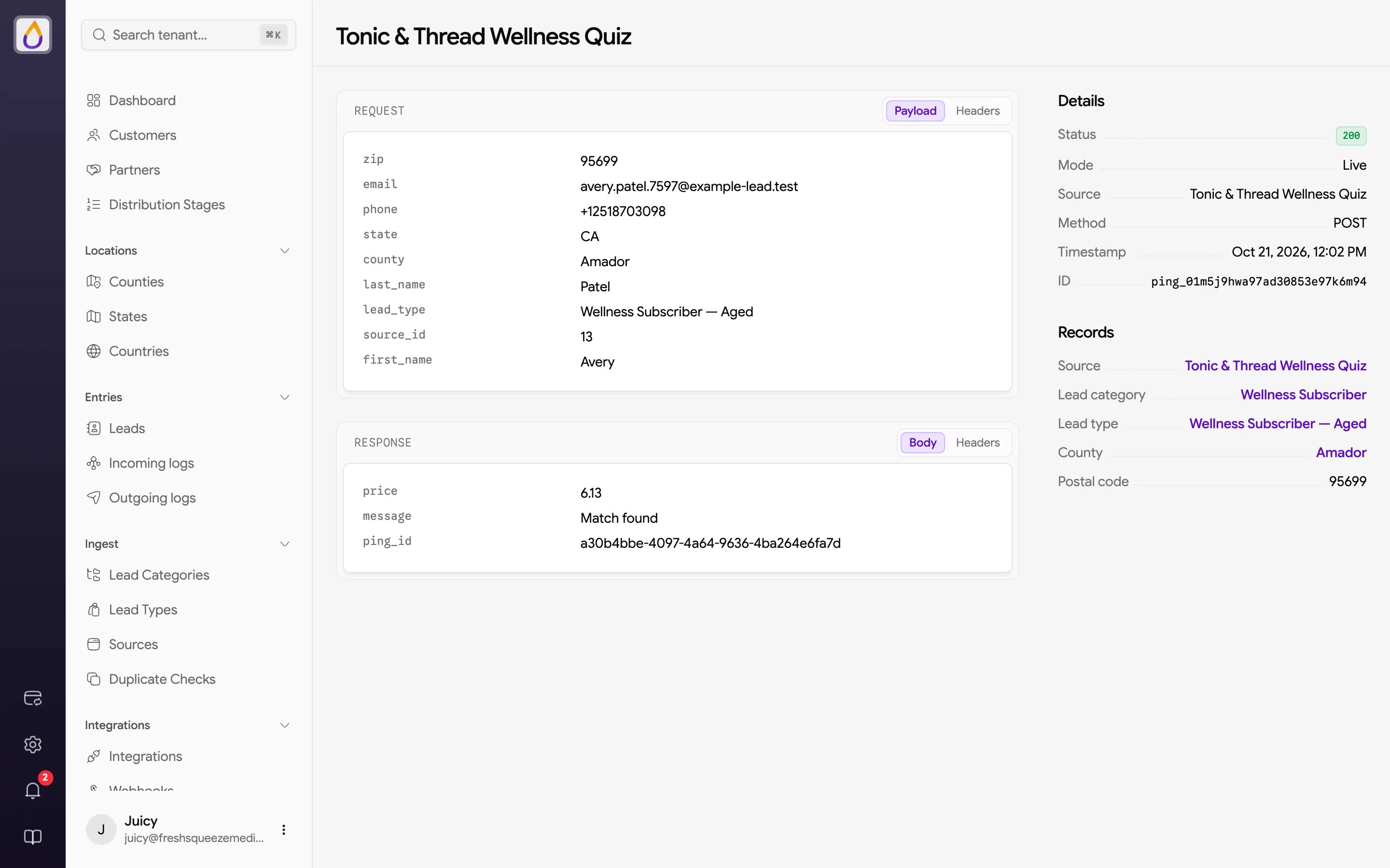 Ping inspector with the request payload, a response body containing a price and Match found message, and Details and Records in the sidebar