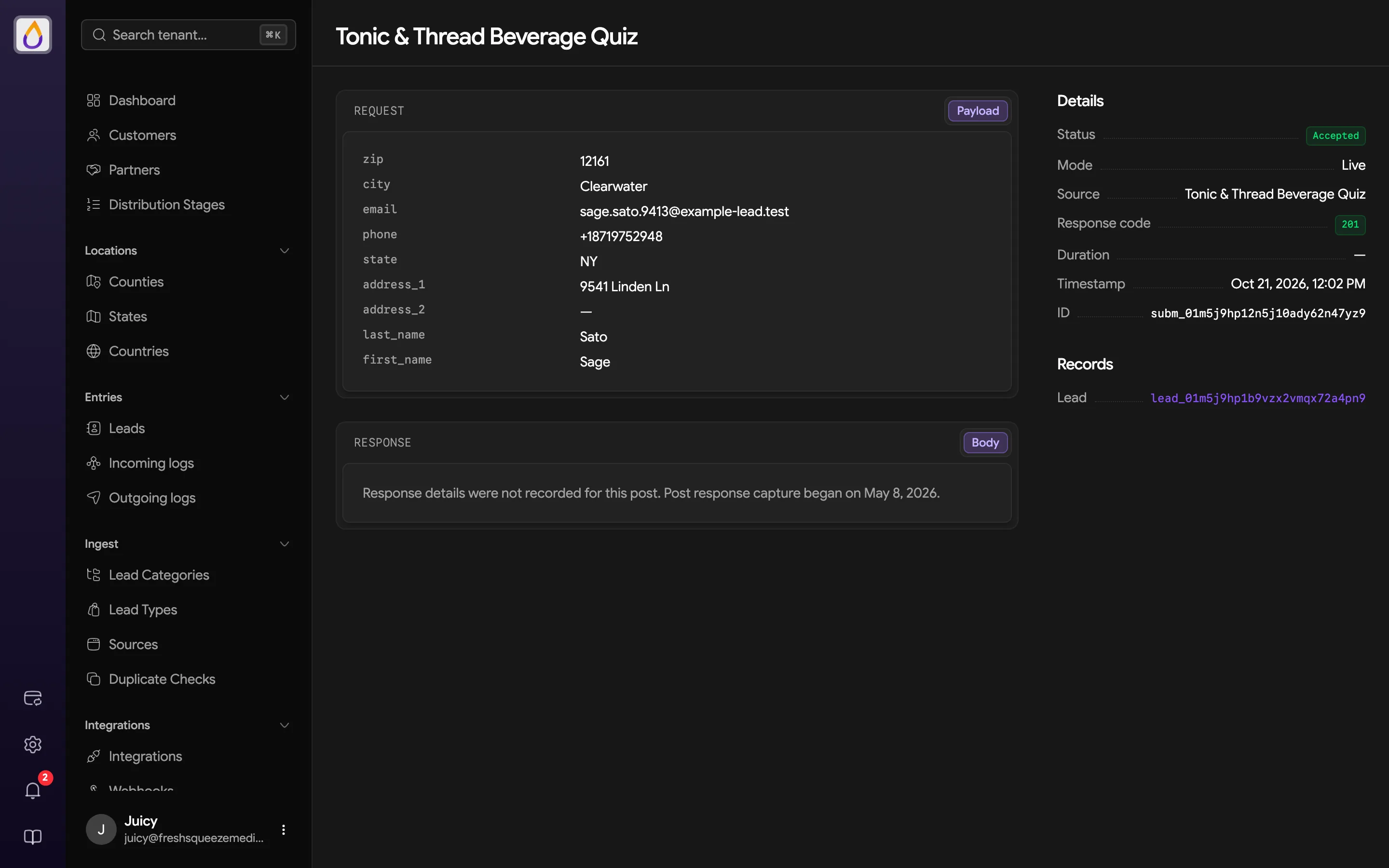Post inspector with the request payload, Juiced's response, and Details and Records in the sidebar