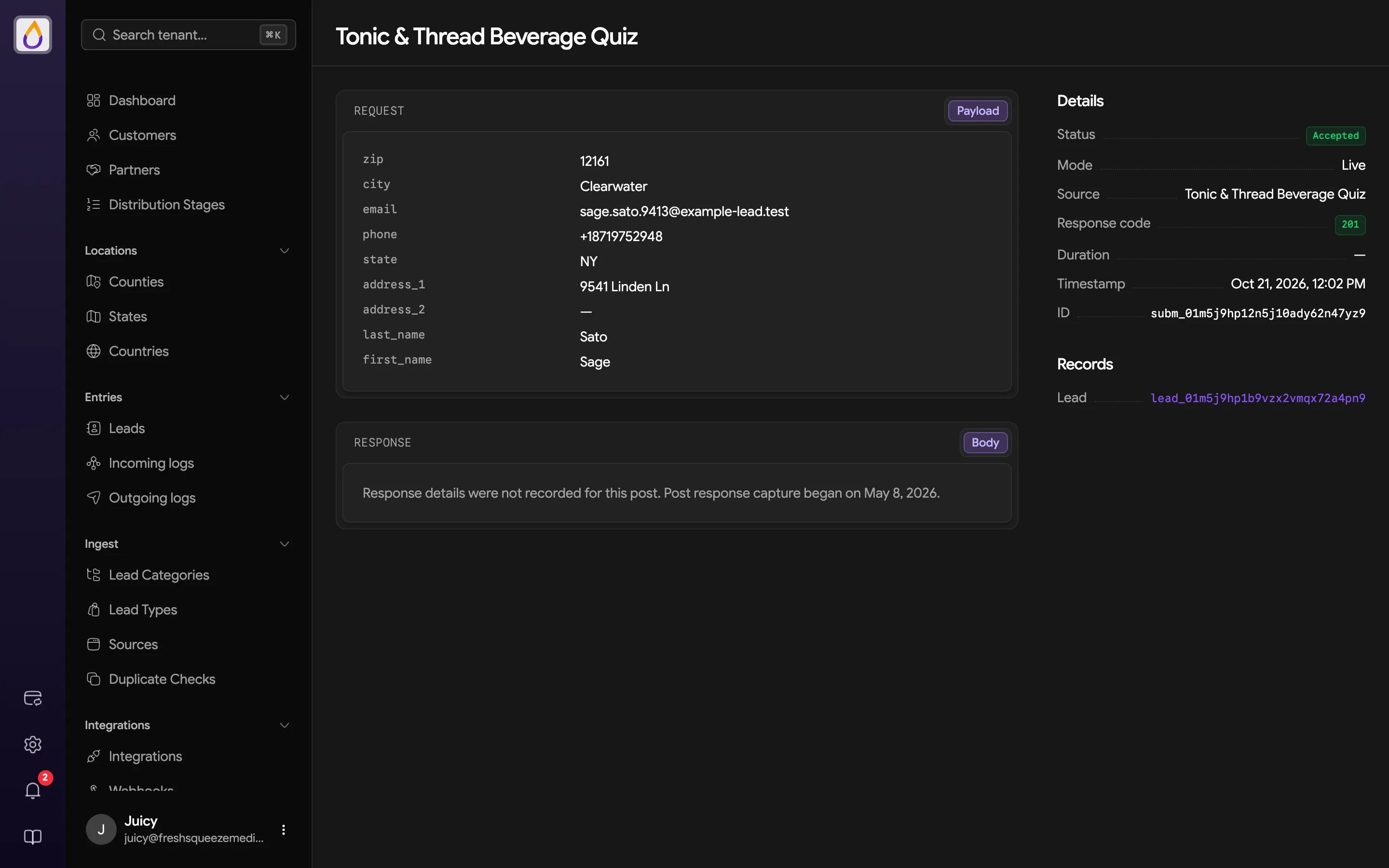 Post inspector with the request payload, Juiced's response, and Details and Records in the sidebar