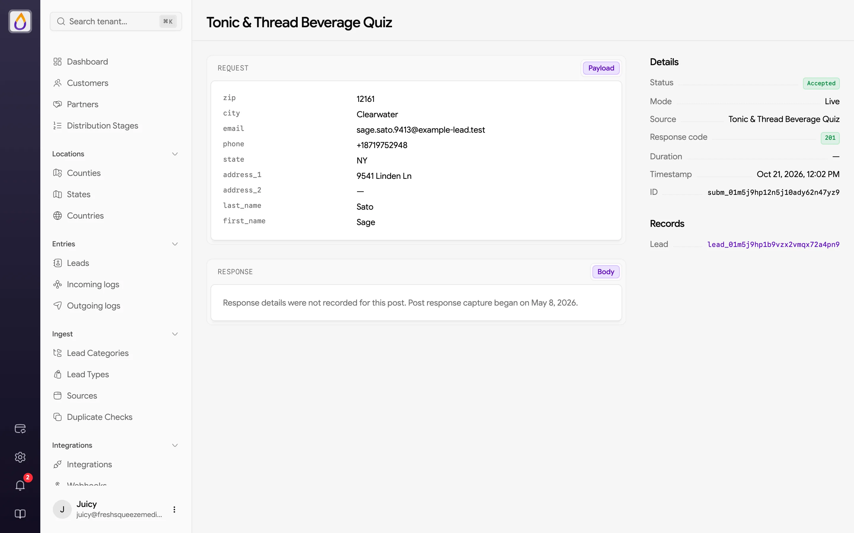 Post inspector with the request payload, Juiced's response, and Details and Records in the sidebar