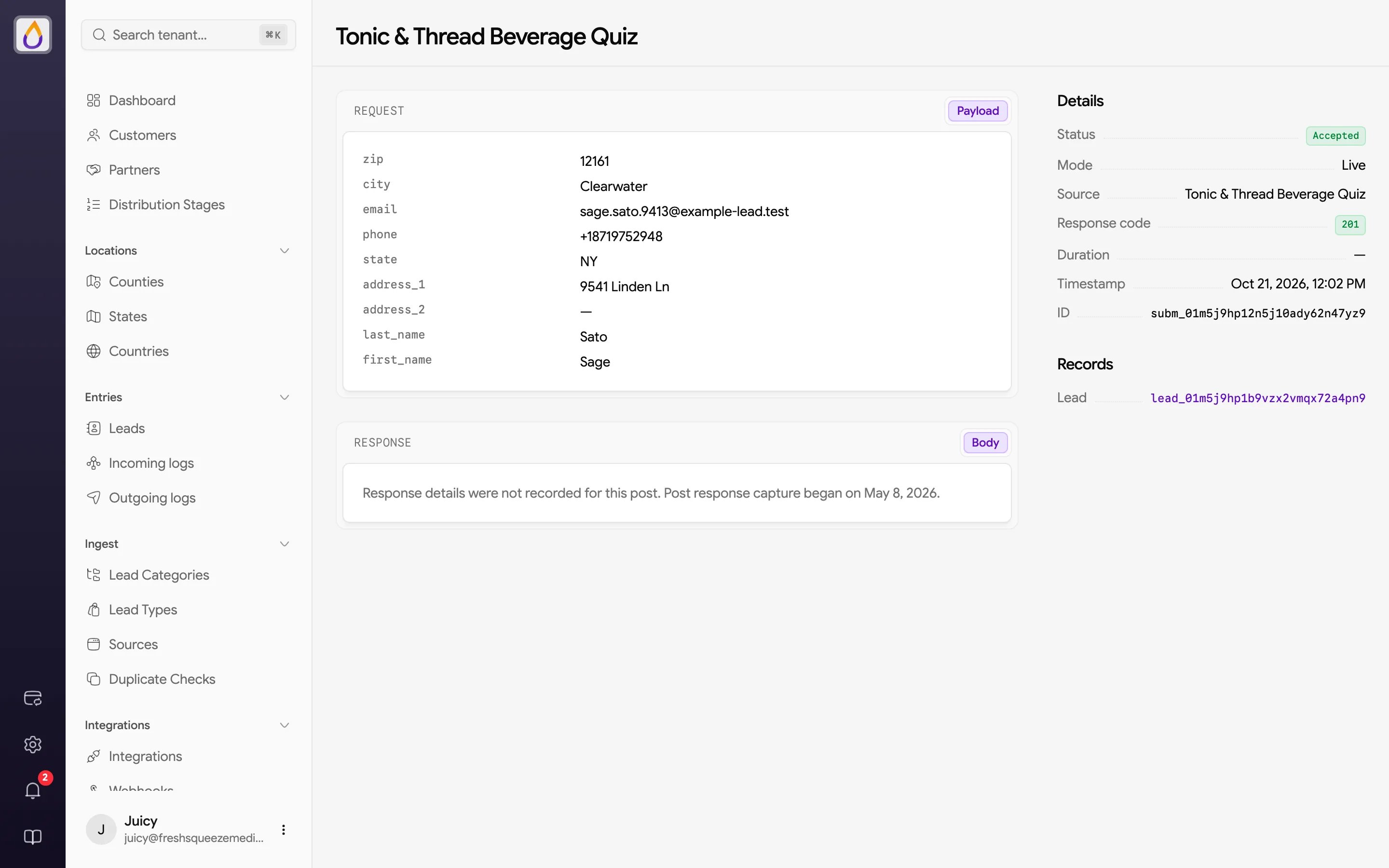 Post inspector with the request payload, Juiced's response, and Details and Records in the sidebar