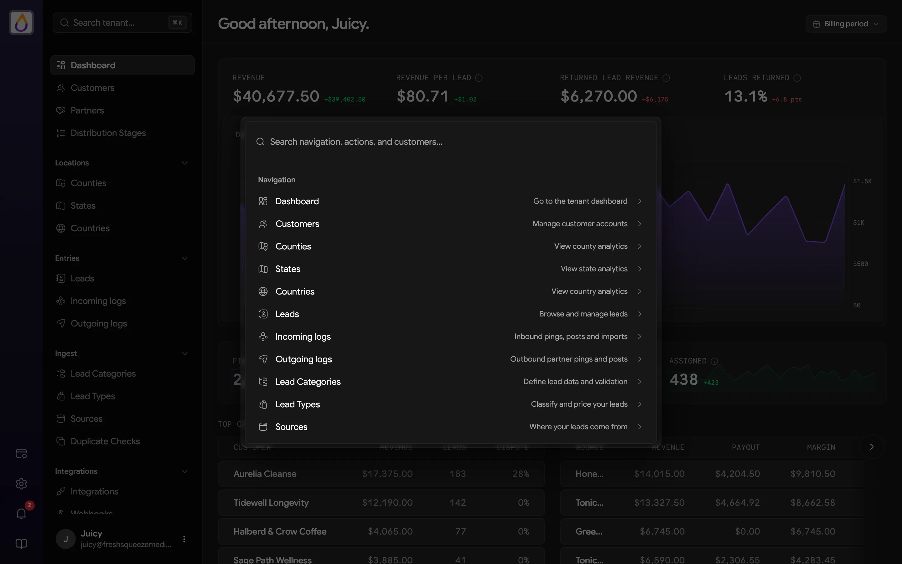 Command palette open over the dashboard with a search box and navigation shortcuts