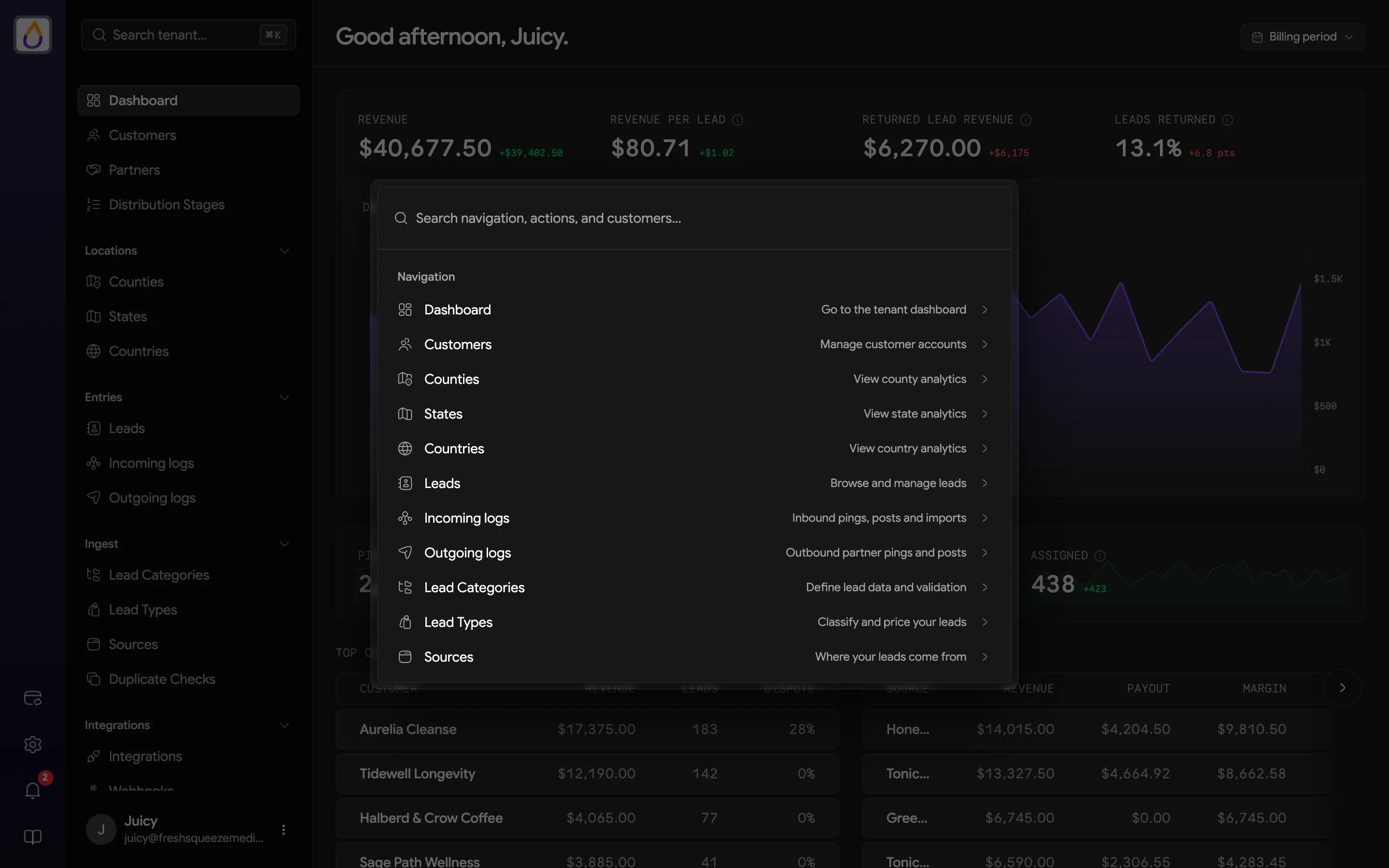Command palette open over the dashboard with a search box and navigation shortcuts