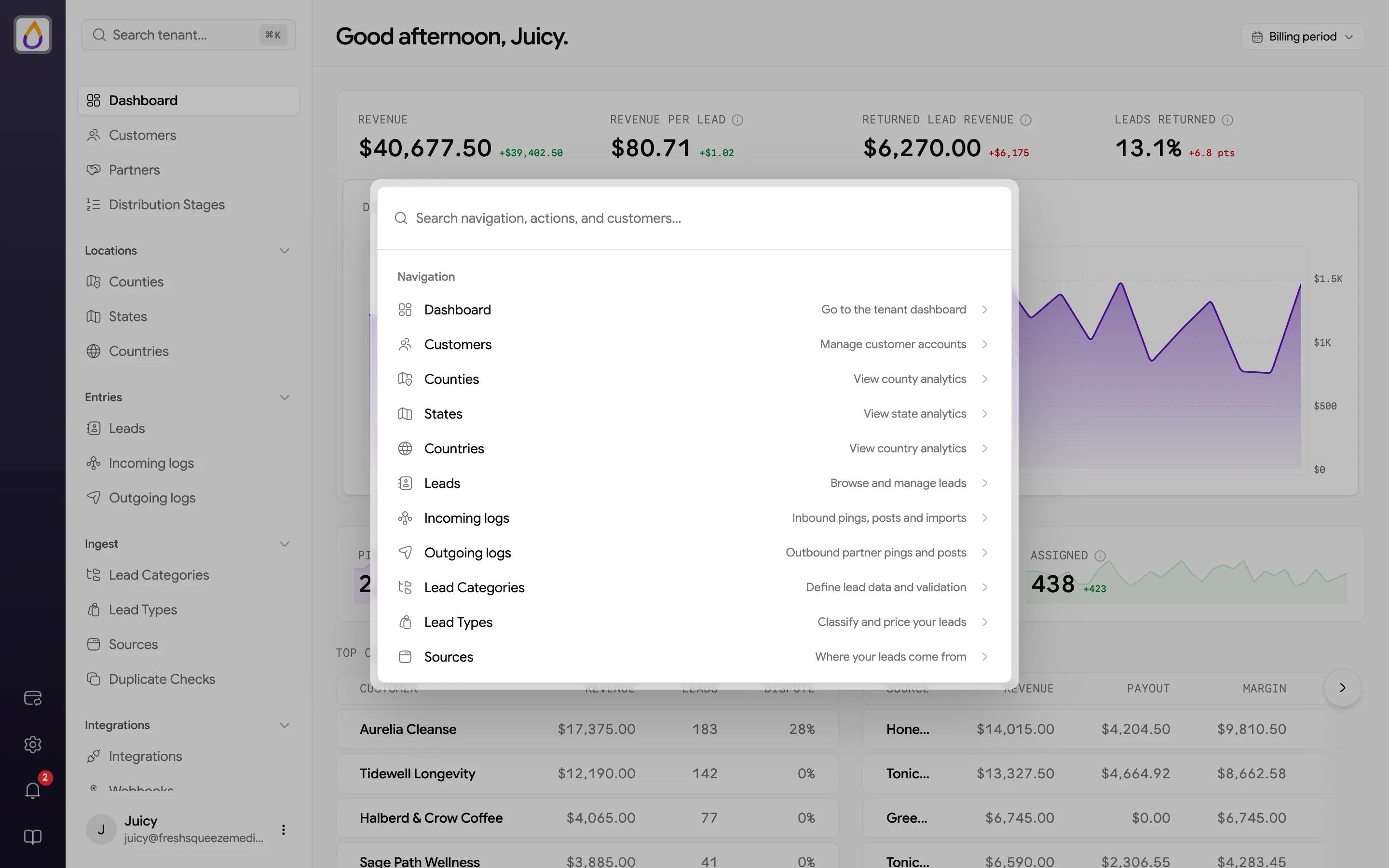 Command palette open over the dashboard with a search box and navigation shortcuts