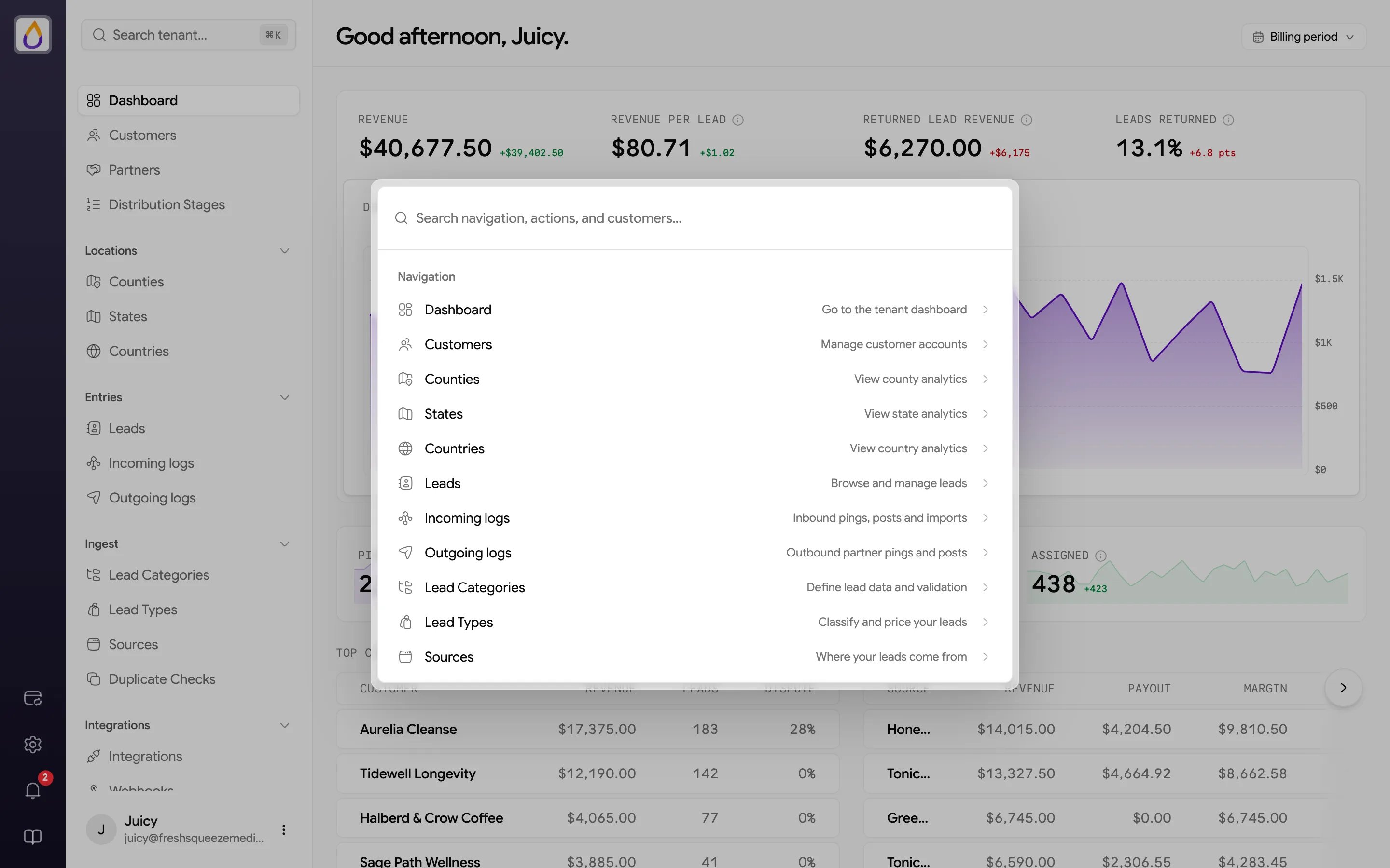Command palette open over the dashboard with a search box and navigation shortcuts
