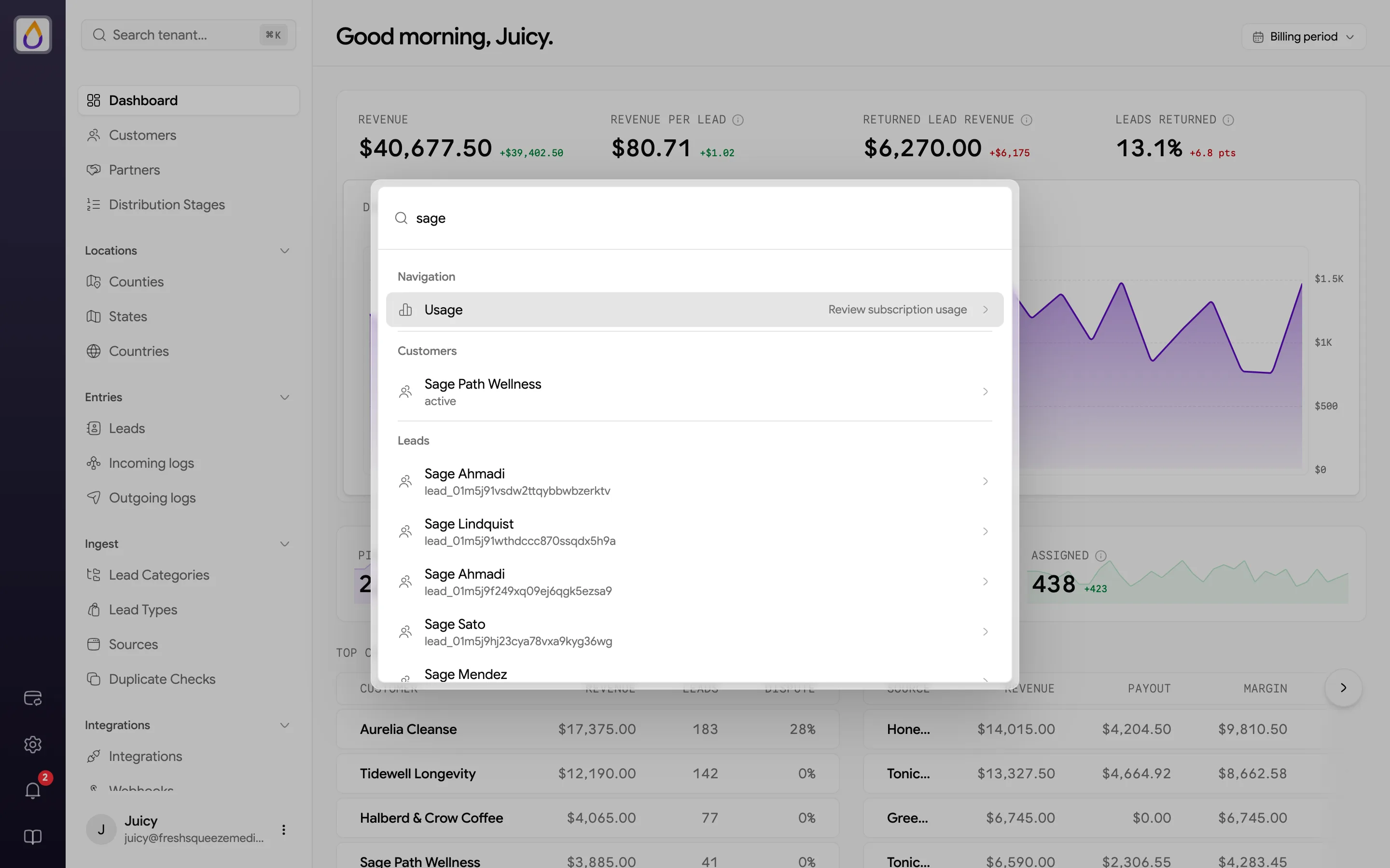Command palette searching for sage, showing the Usage page under Navigation, the customer Sage Path Wellness marked active, and several matching leads with their lead IDs