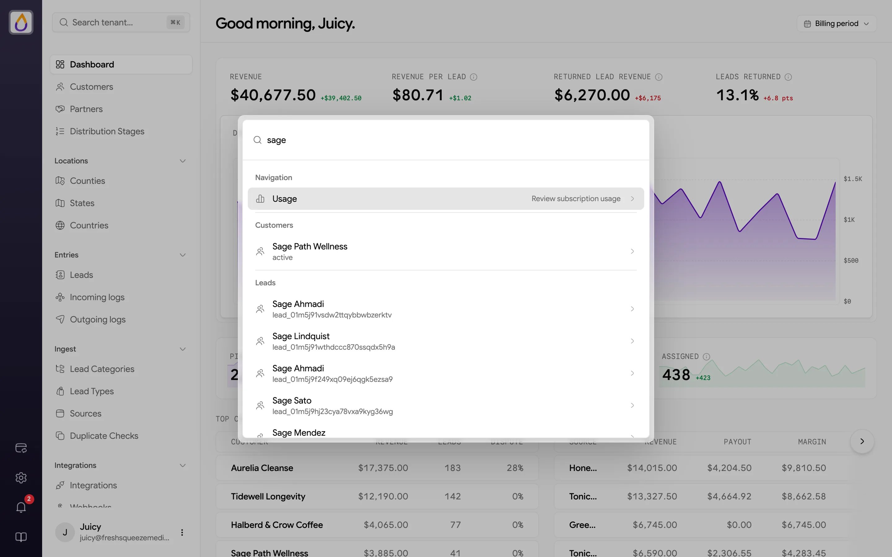 Command palette searching for sage, showing the Usage page under Navigation, the customer Sage Path Wellness marked active, and several matching leads with their lead IDs