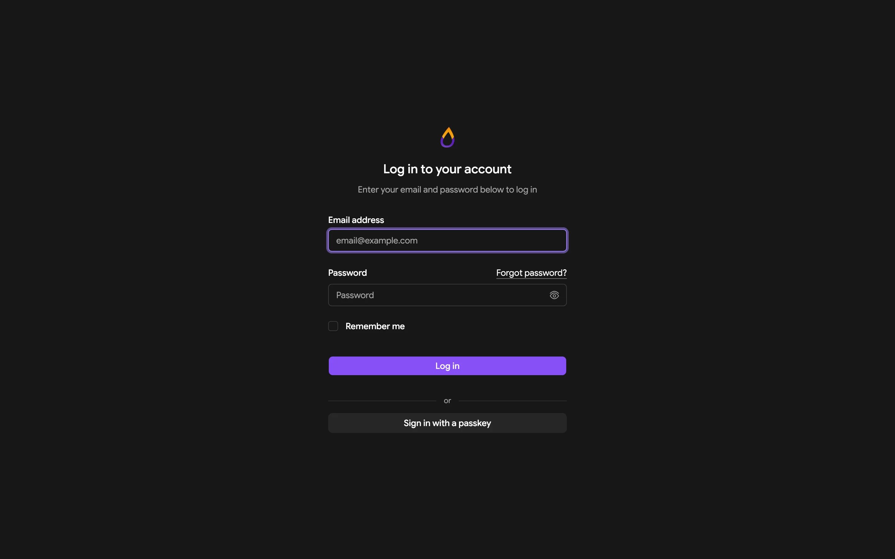 Tenant login page with Email address and Password fields, a Remember me checkbox, a Log in button, and a Sign in with a passkey option