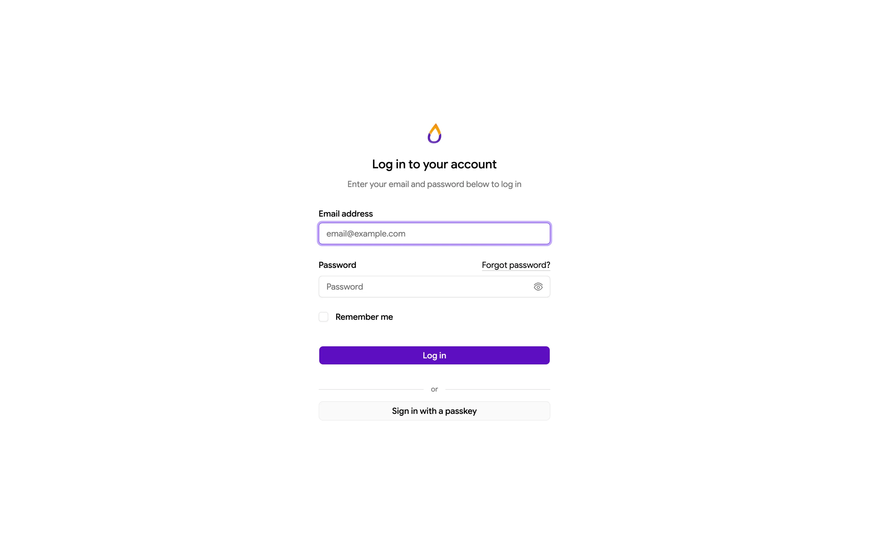 Tenant login page with Email address and Password fields, a Remember me checkbox, a Log in button, and a Sign in with a passkey option