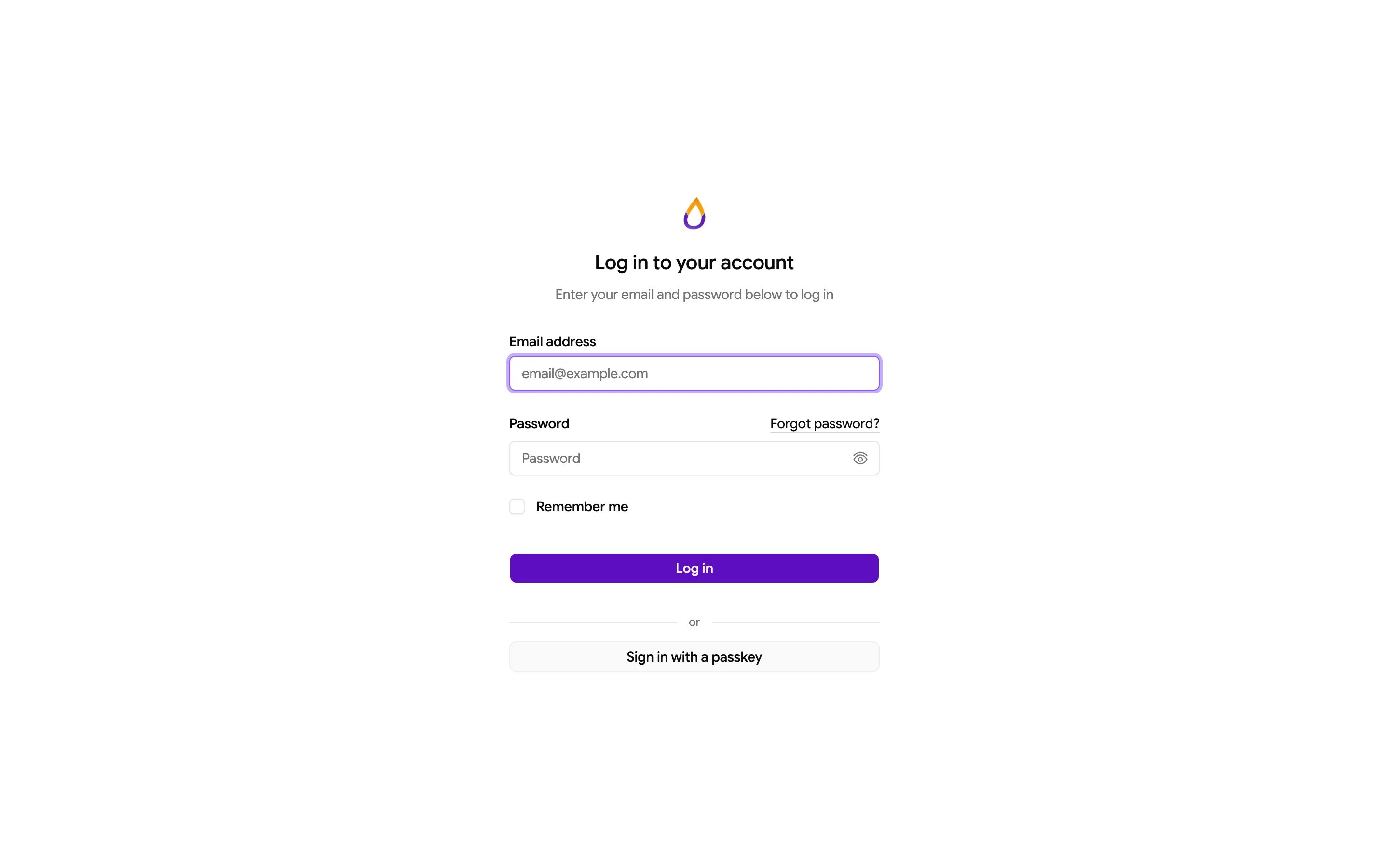 Tenant login page with Email address and Password fields, a Remember me checkbox, a Log in button, and a Sign in with a passkey option
