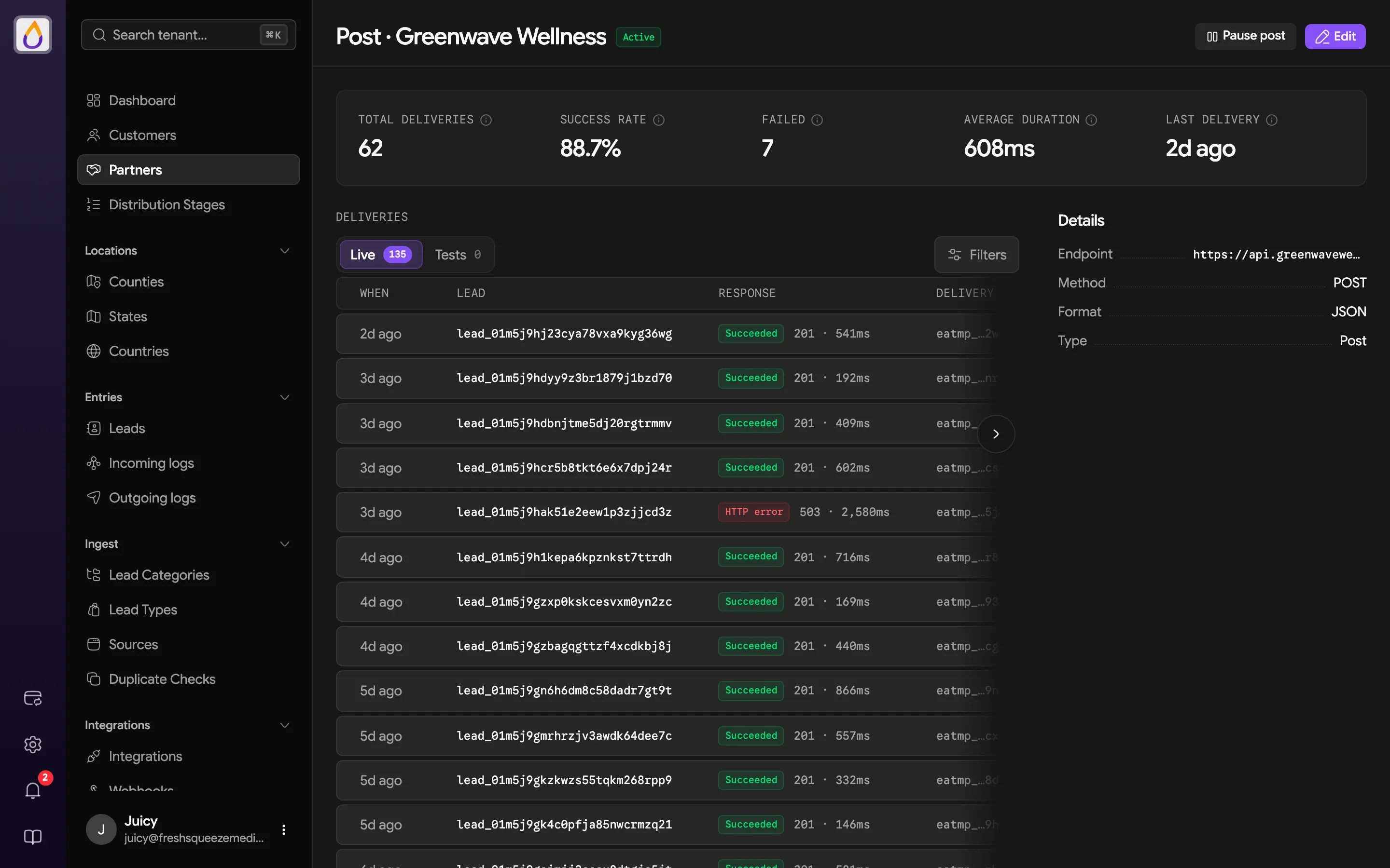 Partner endpoint deliveries page with total deliveries, success rate, failed, average duration, and last delivery stats, a list of live deliveries, and the endpoint details