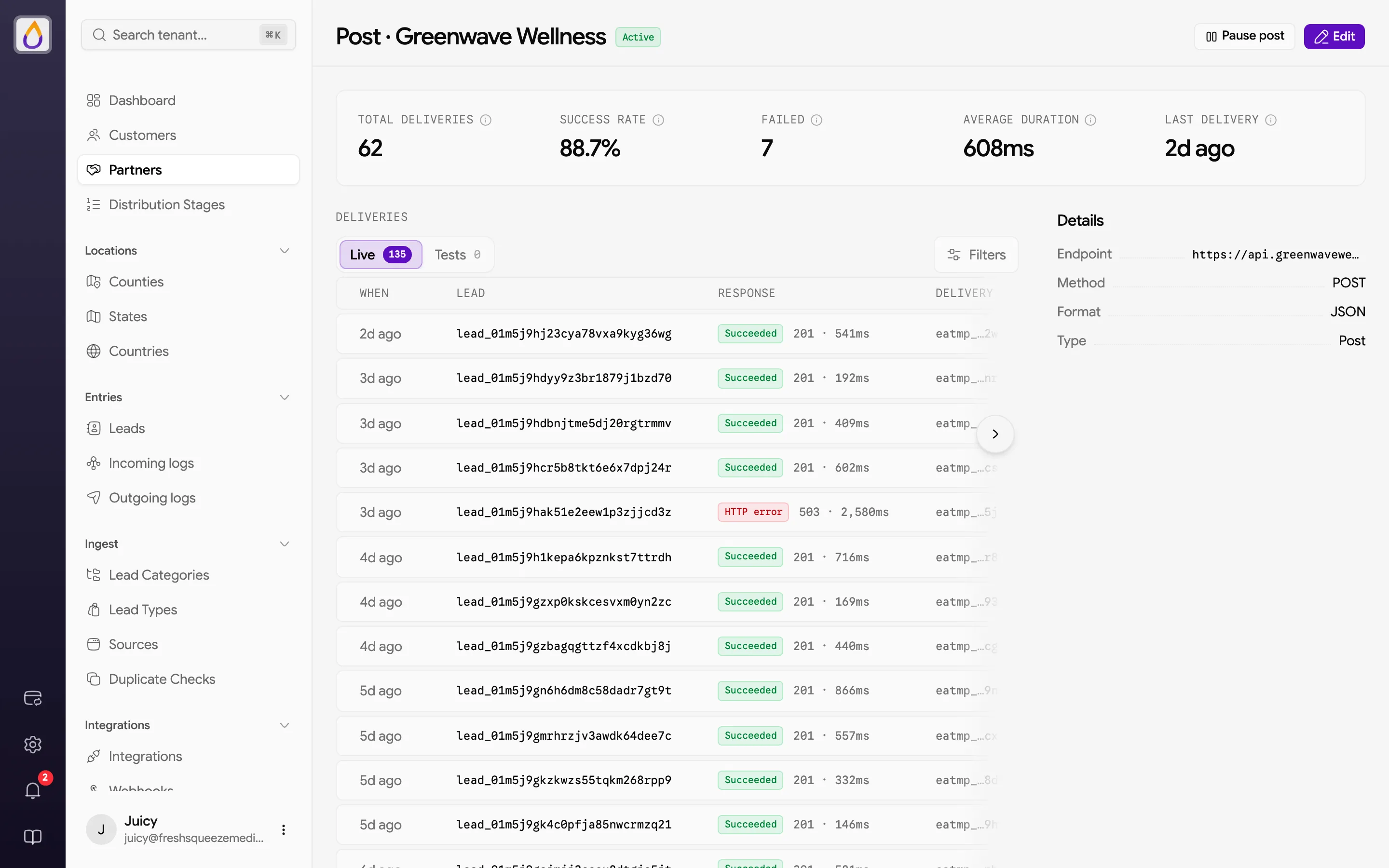 Partner endpoint deliveries page with total deliveries, success rate, failed, average duration, and last delivery stats, a list of live deliveries, and the endpoint details