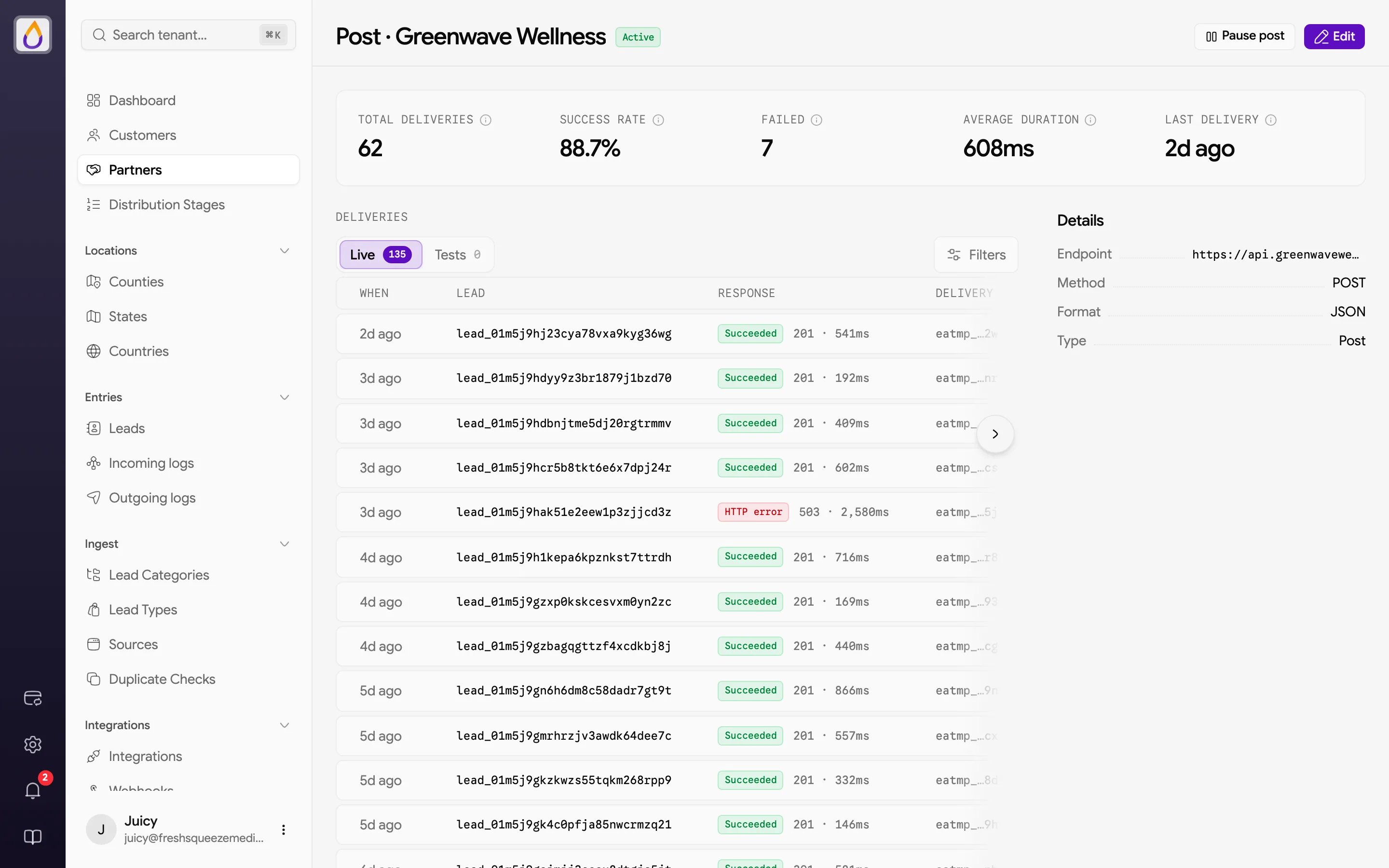 Partner endpoint deliveries page with total deliveries, success rate, failed, average duration, and last delivery stats, a list of live deliveries, and the endpoint details