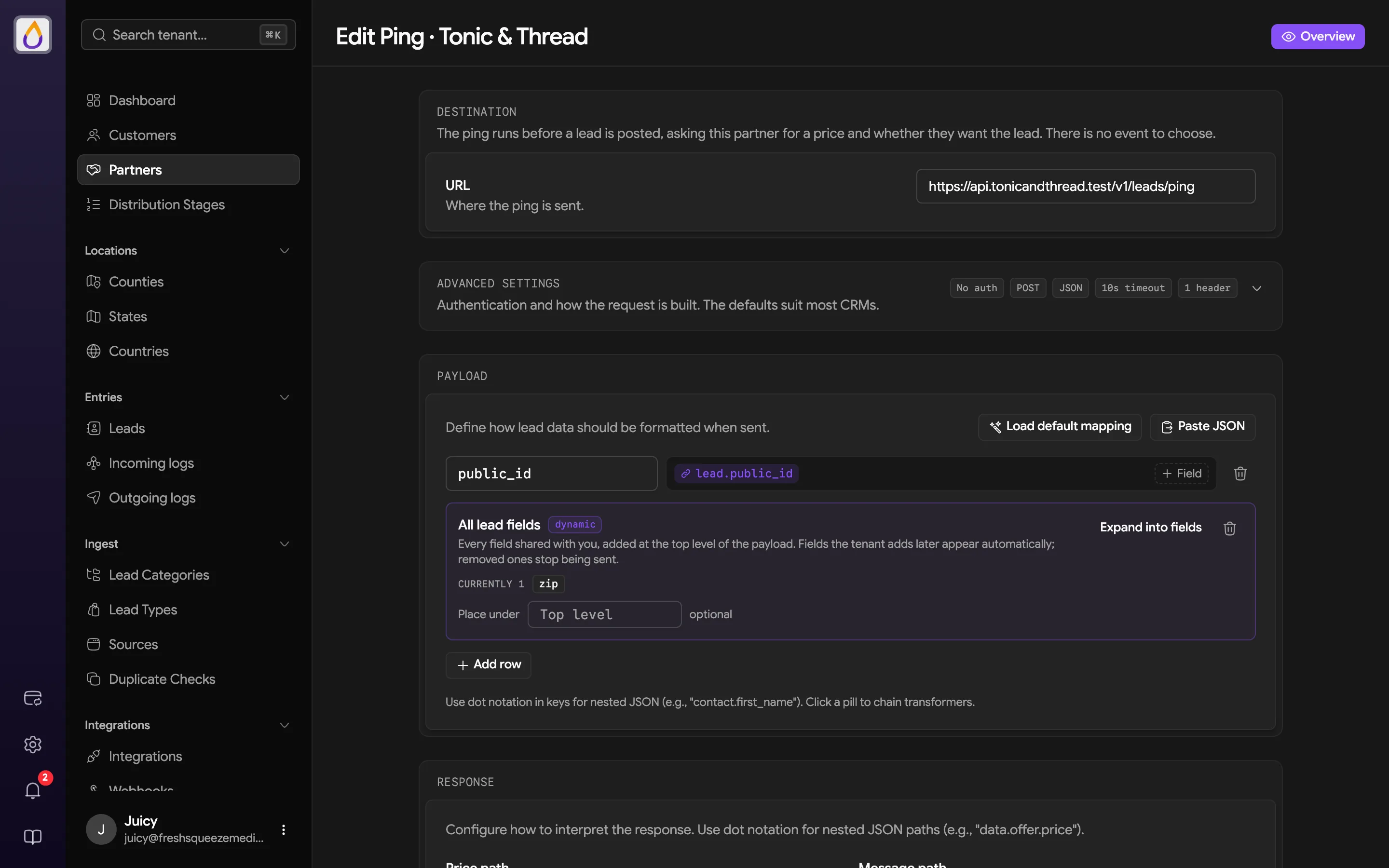 Edit Ping page with Destination URL, collapsed Advanced settings showing no auth, POST, JSON, 10s timeout, and one header, a Payload mapping, and the start of the Response section
