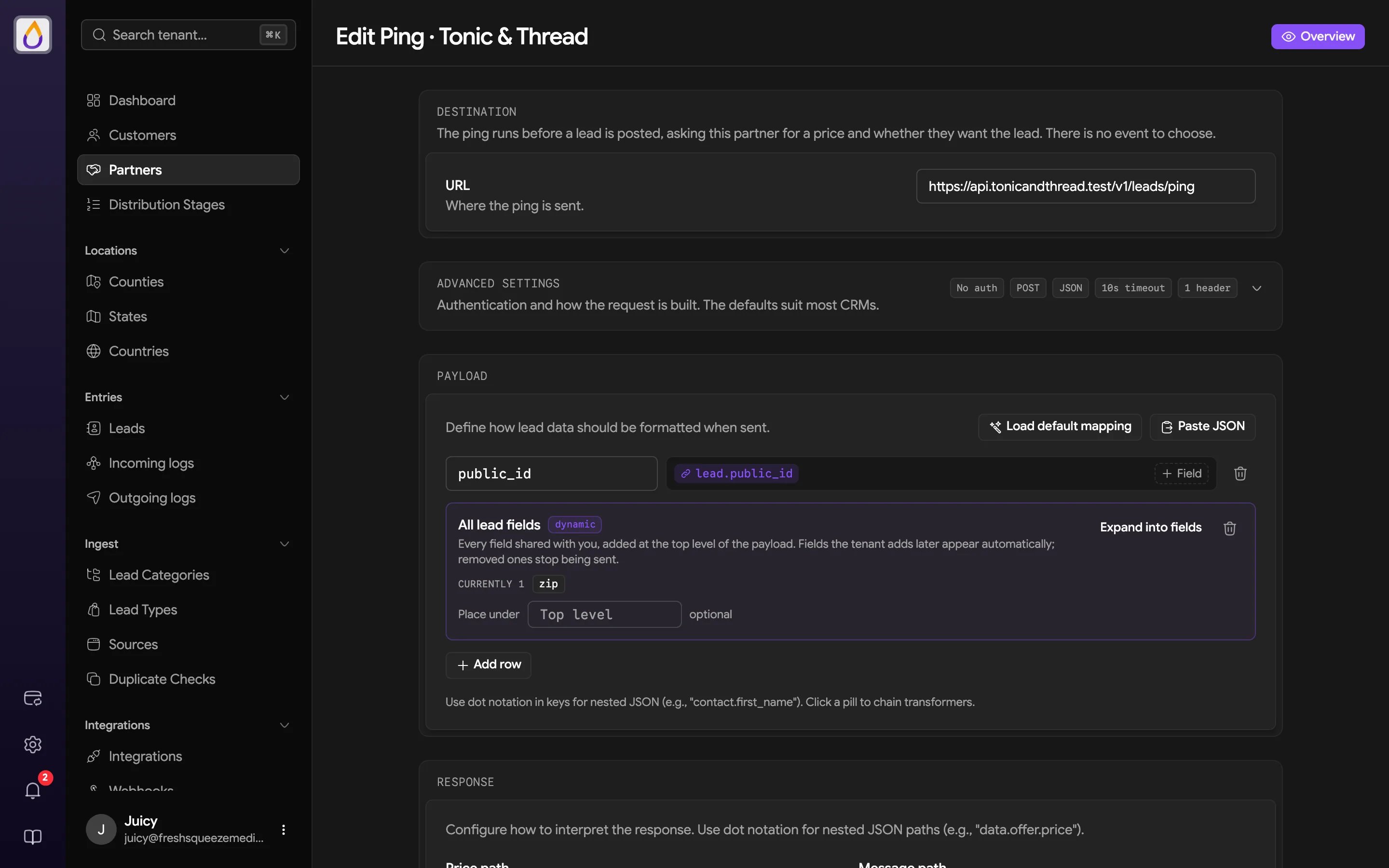 Edit Ping page with Destination URL, collapsed Advanced settings showing no auth, POST, JSON, 10s timeout, and one header, a Payload mapping, and the start of the Response section
